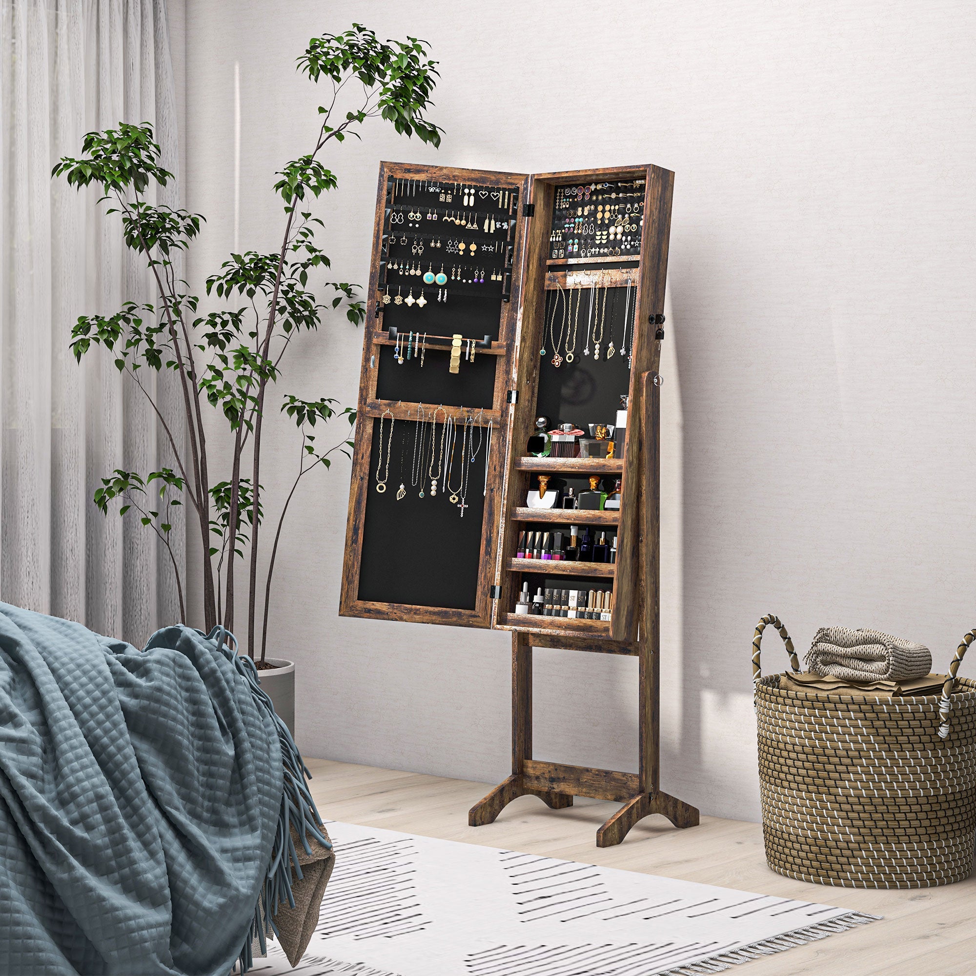 Lockable Mirror Jewelry Cabinet, Full-Length Mirror and Jewellery Storage with 3 Adjustable Angles, Rustic Brown Jewelry Armoire & Jewellery Mirror Cabinets at Gallery Canada