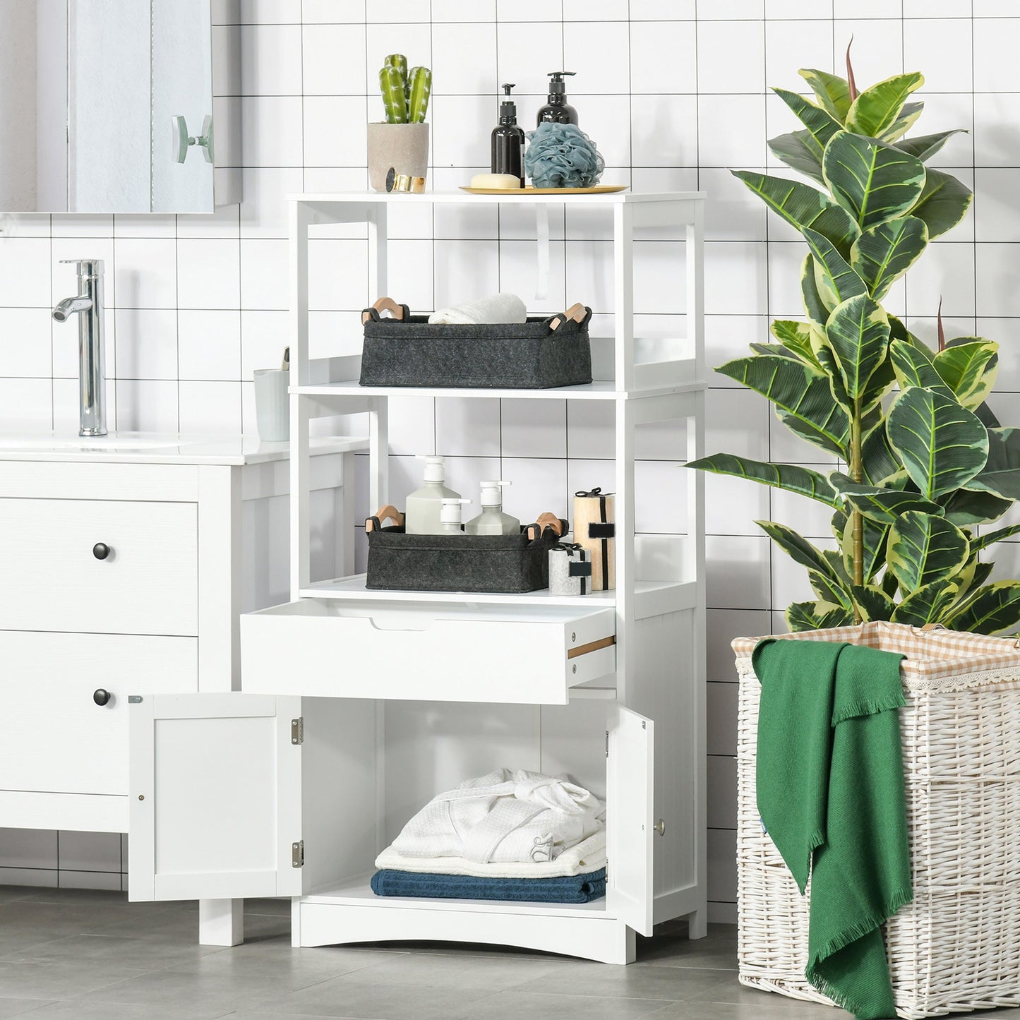 Bathroom Floor Cabinet, Free Standing Kitchen Cupboard with Shelves, Drawer and Doors, Storage Organizer for Living Room, White Bathroom Cabinets   at Gallery Canada