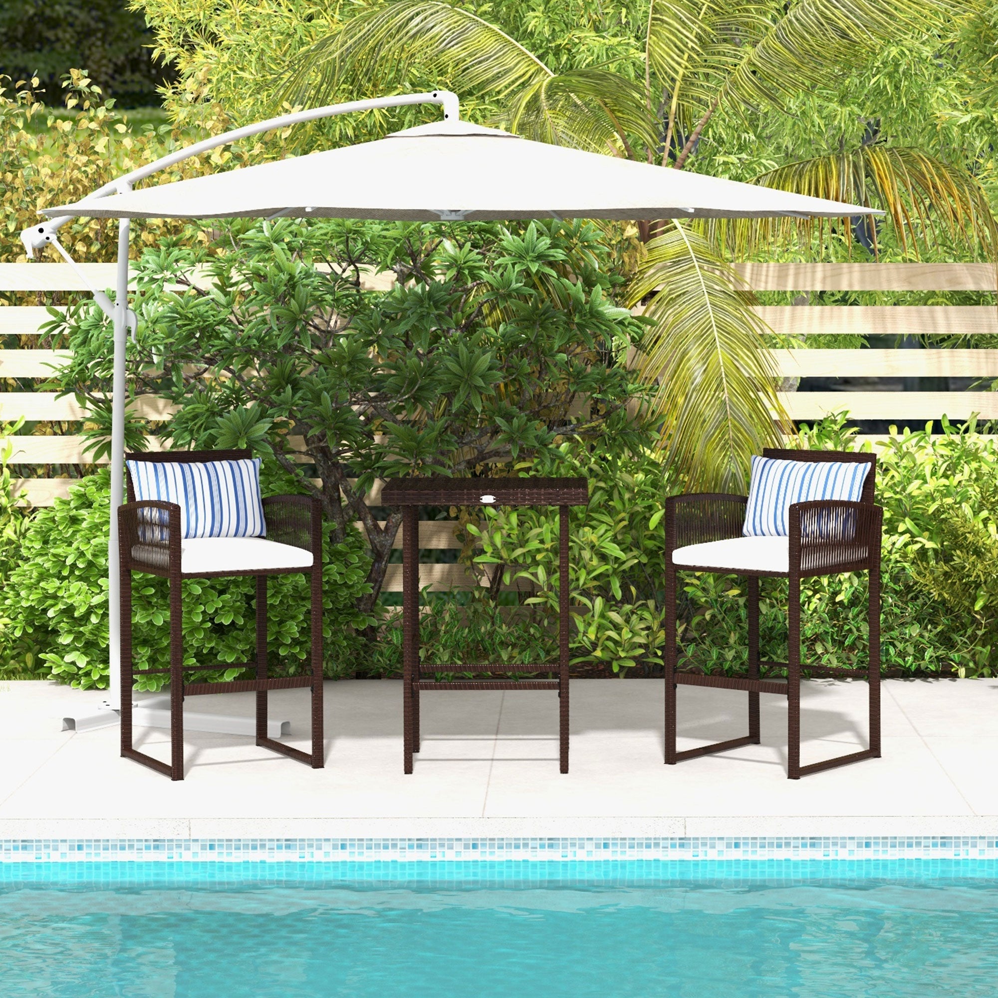 3-Piece Wicker Bar Set, Patio Bar Table Chair with Cushions, for Poolside, 25.2