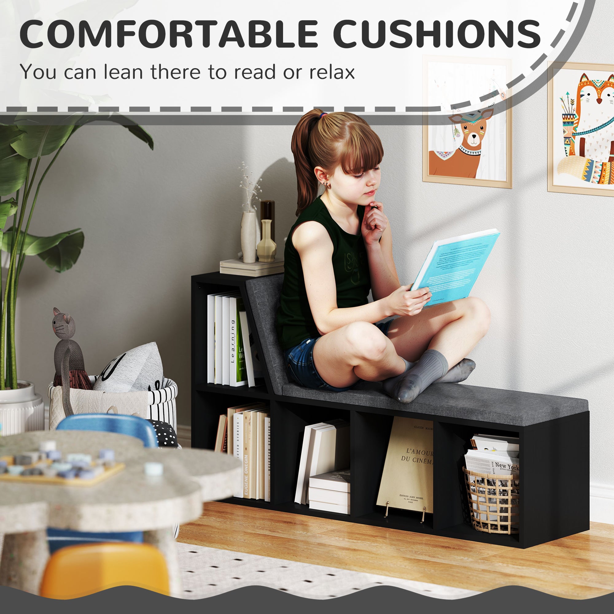Multi-Purpose Bookshelf with 5 Cubes, 5-Cubby Bookcase with Cushioned Reading Nook and Storage Shelves, Distressed Black Bookshelves & Bookcases at Gallery Canada