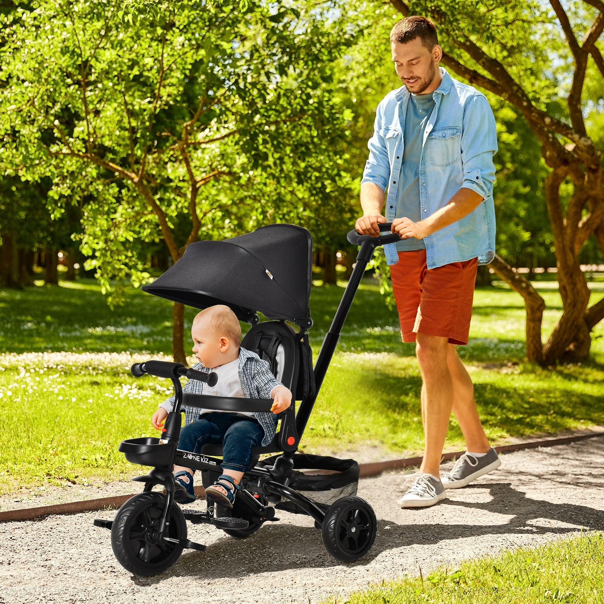 Baby Tricycle 4 In 1 Trike w/ Reversible Angle Adjustable Seat Removable Handle Canopy Handrail Belt Storage Footrest Brake Clutch for 1-5 Years Old Black Tricycles for Kids at Gallery Canada