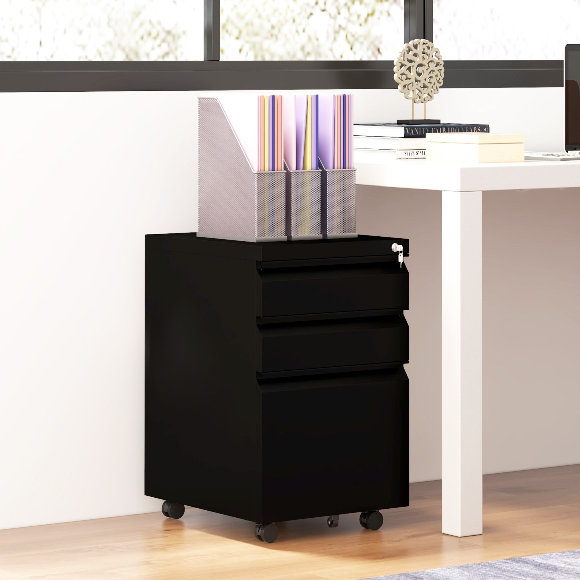 3 Drawer Vertical File Cabinet with Lock, Steel Filing Cabinet with Wheels and Hanging Bar for A4 Legal and Letter Size Files, Printer Stand with Pre-Assembled Body, Black Office Cabinets & Cupboards at Gallery Canada