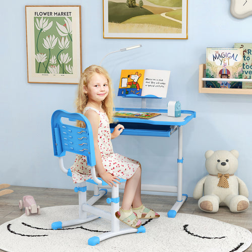 Kids Desk and Chair Set Height Adjustable Student Writing Desk Children School Study Table with Tilt Desktop, Blue