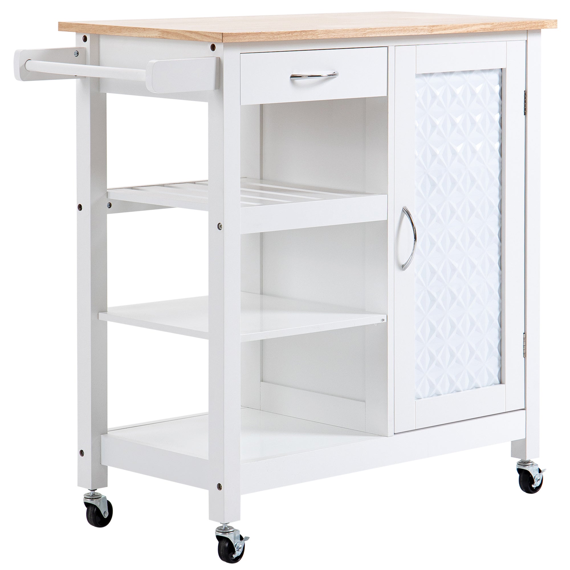 Kitchen Cart on Wheels with Embossed Door Panel, Utility Kitchen Island with Storage Drawer, White Kitchen Islands & Kitchen Carts at Gallery Canada