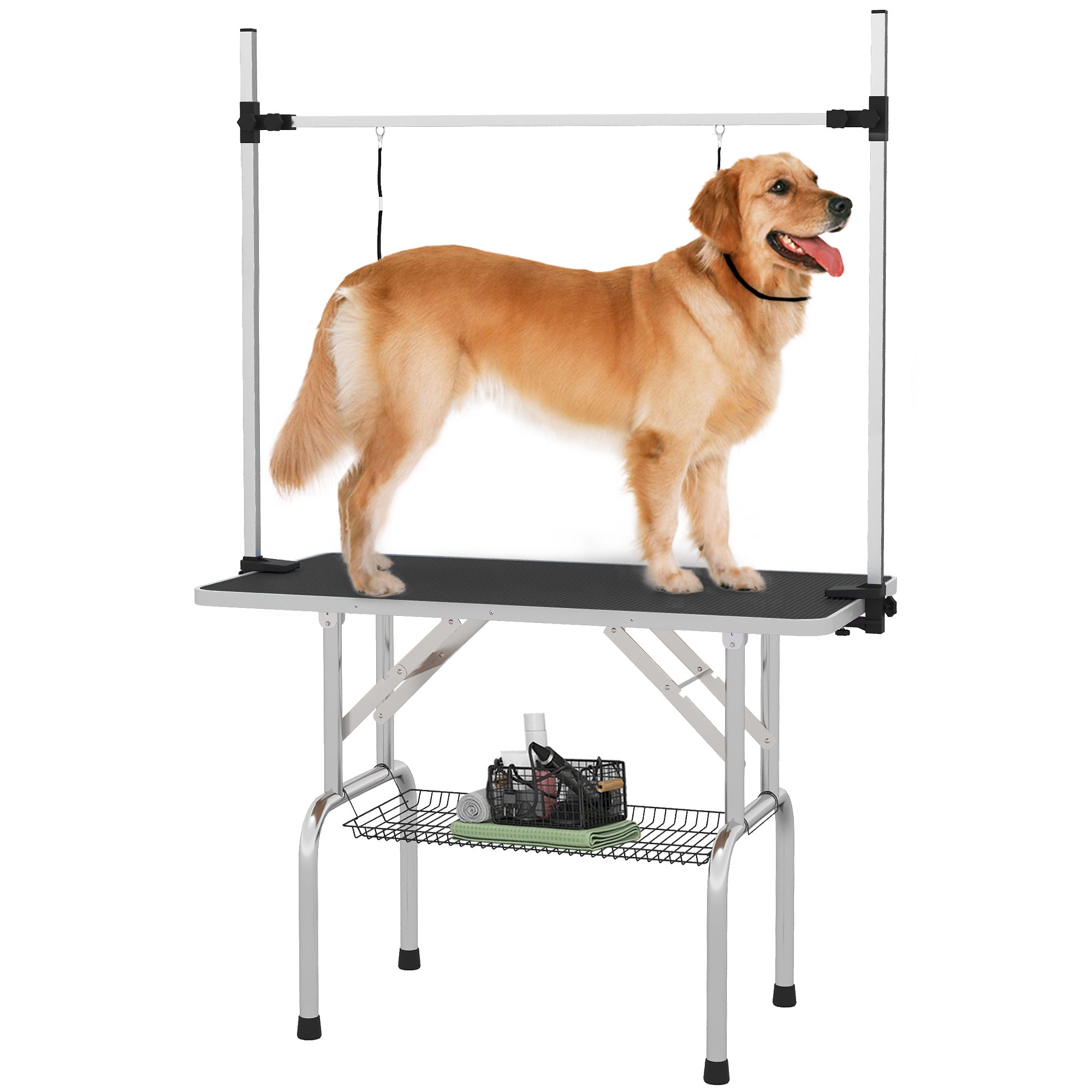 Adjustable Dog Grooming Table with 2 Safety Slings, Storage Basket, Black Dog Grooming Tables Black at Gallery Canada