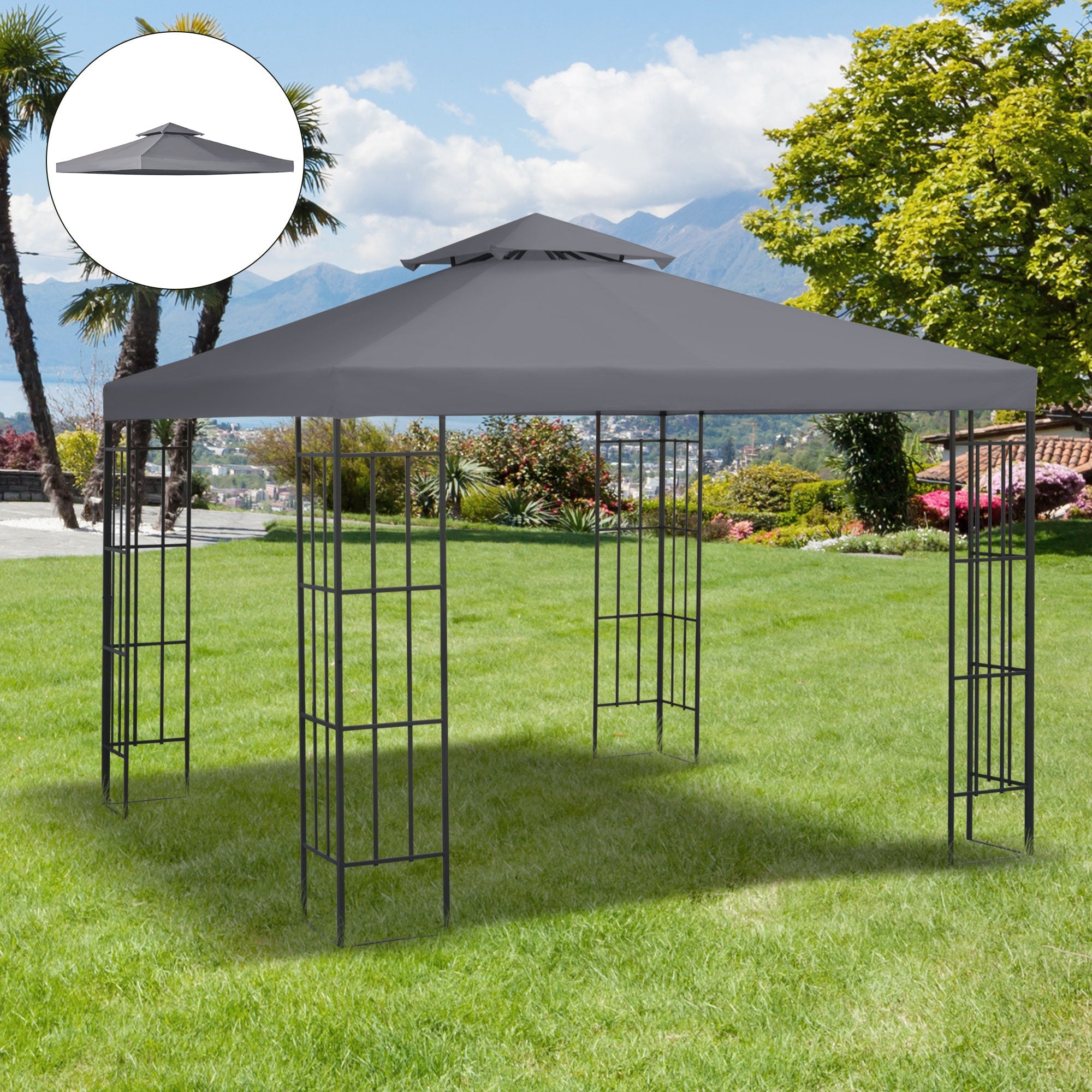 9.8' x 9.8' Square 2-Tier Gazebo Canopy Replacement Top Cover Outdoor Garden Sun Shade, Dark Grey Gazebo Canopy Replacement   at Gallery Canada