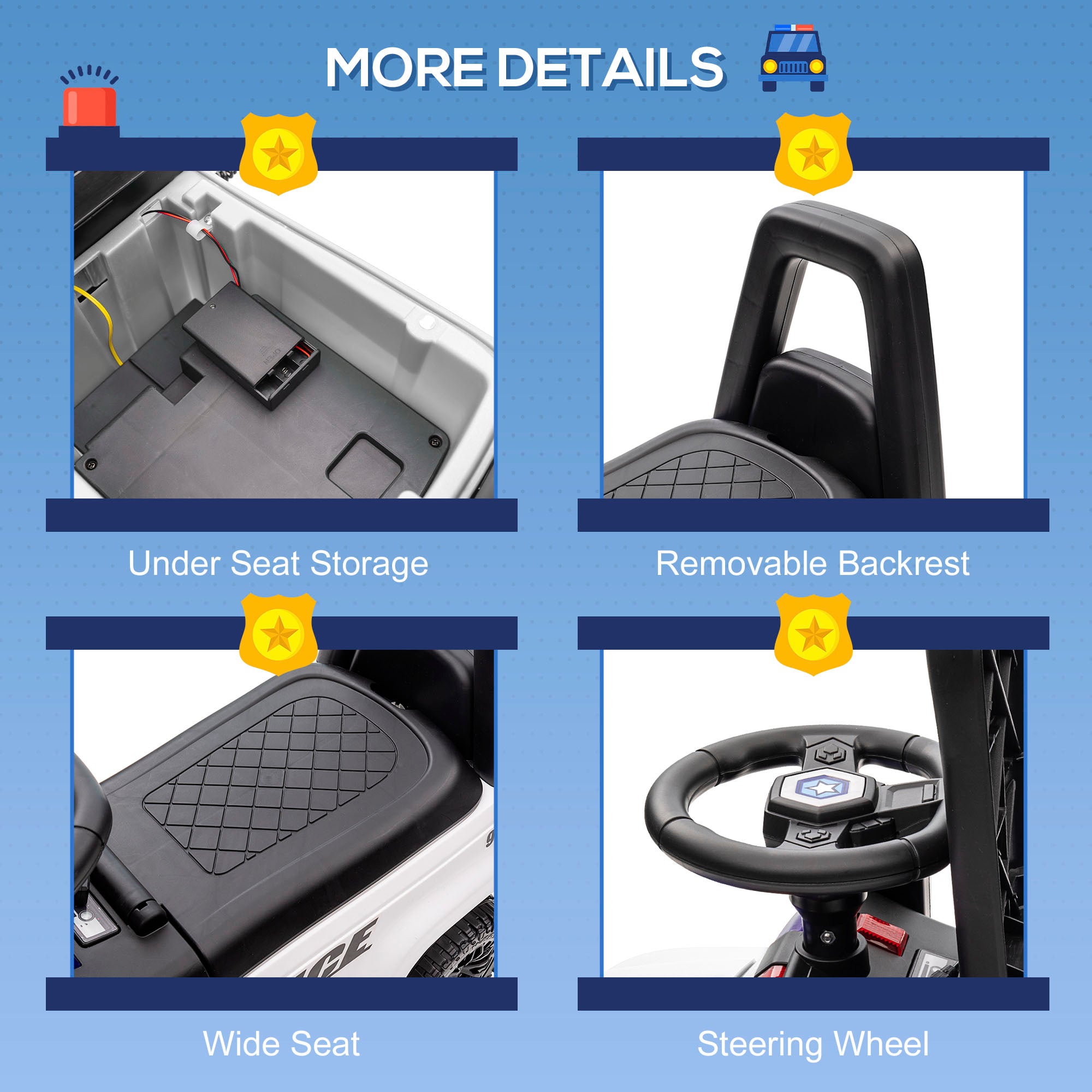 Kids Ride On Sliding Car with Hidden Under Seat Storage, Ride On Police Car for Toddler with Megaphone, Anti Dumping Device, Removable Backrest, Foot-to-Floor Design, White Push Cars for Toddlers at Gallery Canada