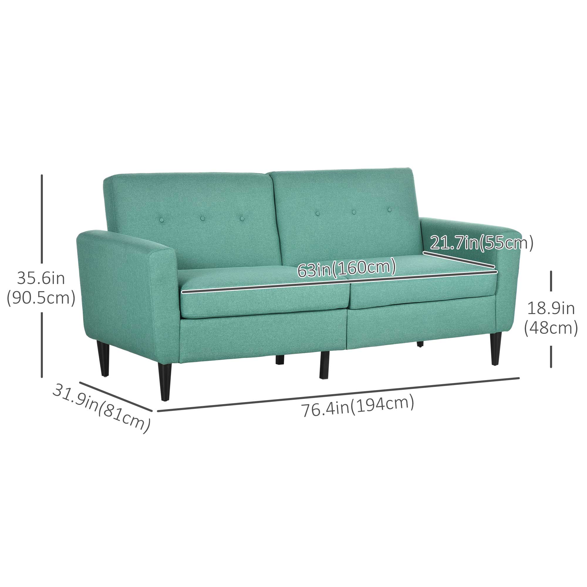 3 Seater Sofa, Upholstered Couch for Bedroom, Modern Sofa Settee with Padded Cushion, Button Tufting and Wood Legs for Living Room, Green 3-Seater Sofas   at Gallery Canada