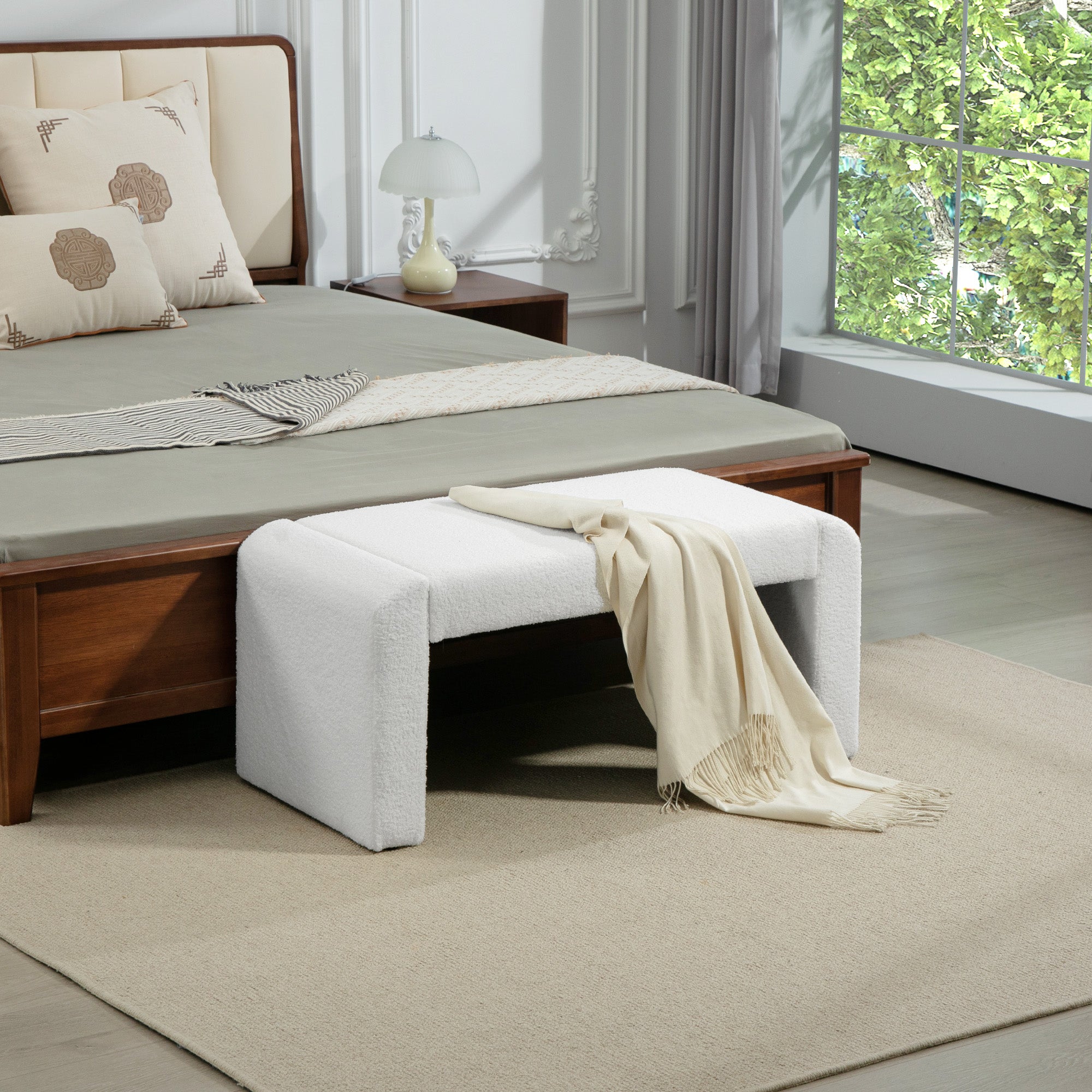 Upholstered Bedroom Bench, Boucle End of Bed Bench, Modern U-Shaped Entryway Bench, 39 x 18 x 18 Inches, White Storage Ottomans & Benches at Gallery Canada