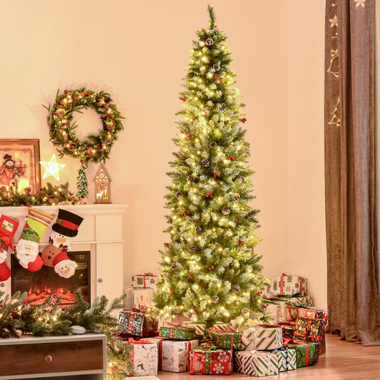 7.5 ft Snow-Dipped Pencil Christmas Tree Pre-Lit Holiday Decoration with LED Lights Pine Cones Red Berries Green Pencil Christmas Trees   at Gallery Canada