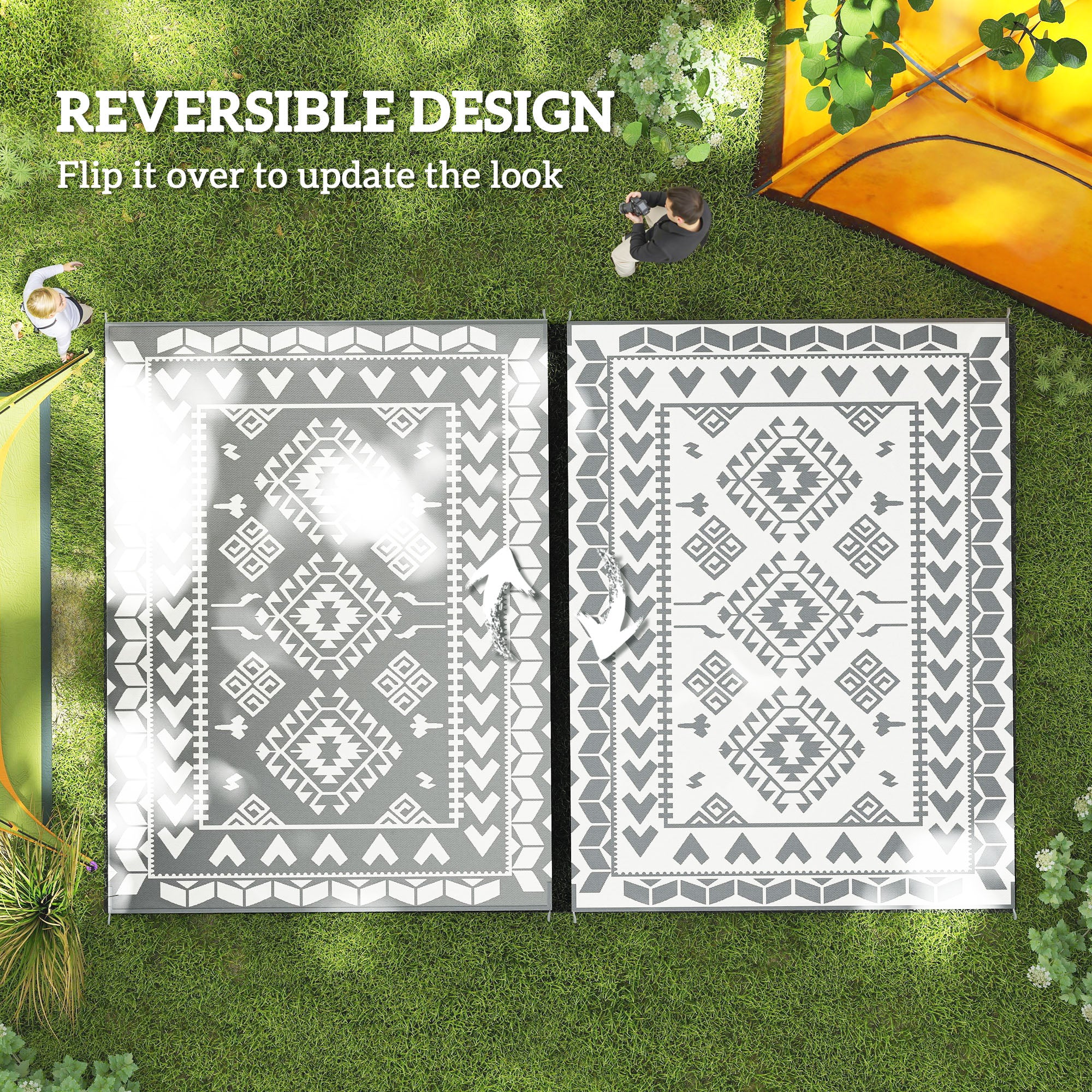 9' x 12' Outdoor RV Rug, Reversible Patio Floor Mat with Carry Bag, Rhombus Patchwork, Grey and White Garden Decor at Gallery Canada