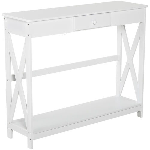 2 Tier X-Design Console Table Sofa Side Table w/ Drawer and Storage Shelf for Living Room Entryway, White