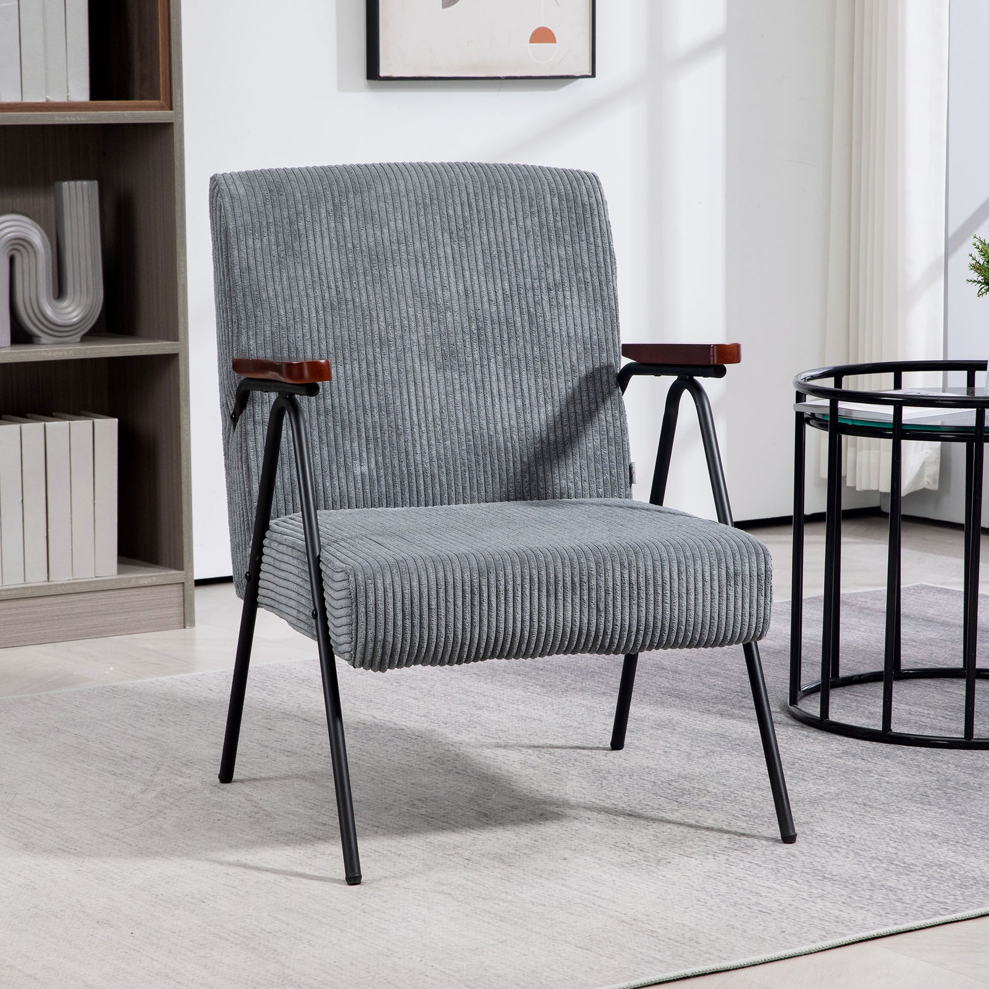 Modern Armchair, Upholstered Corduroy Accent Chair with Wood Arms and Steel Frame for Living Room, Bedroom, Grey Accent Chairs   at Gallery Canada