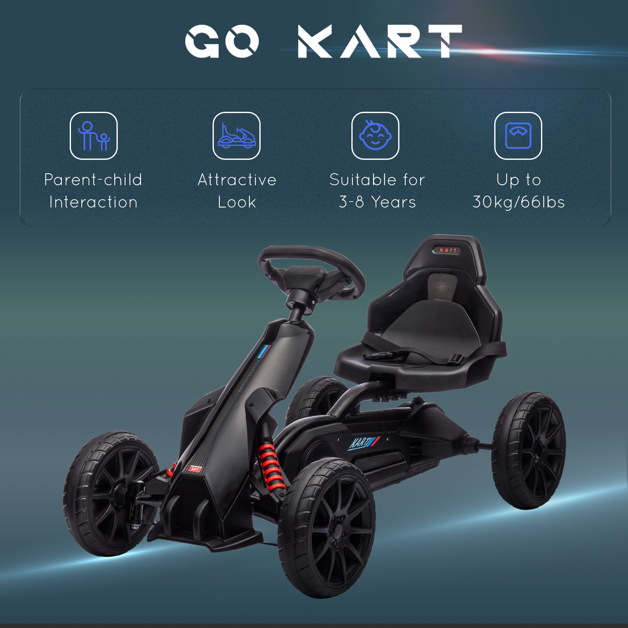 Pedal Go Kart with Adjustable Seat, Forward, Backward, Handbrake, Shock Absorption for 3-8 Years, Black Pedal Go Karts for Kids at Gallery Canada
