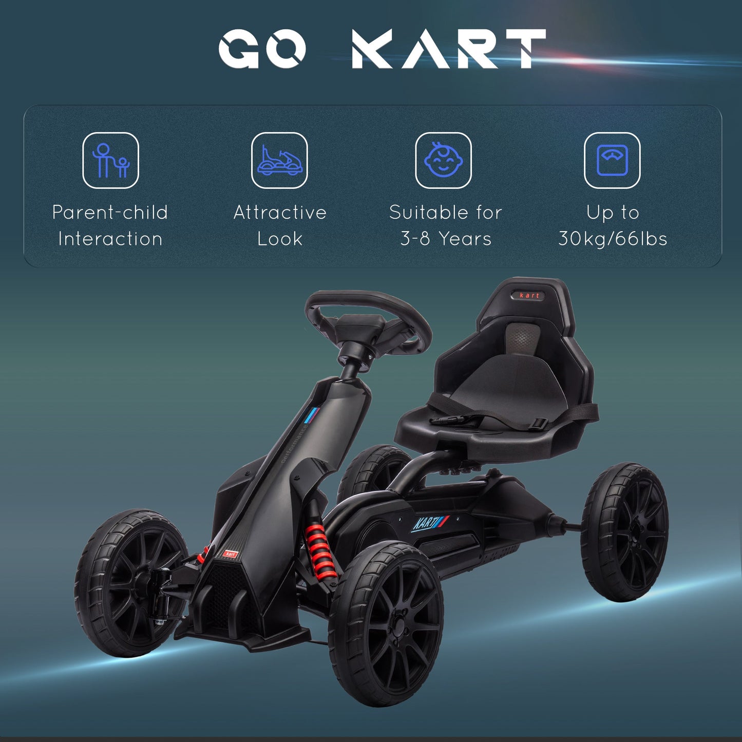 Pedal Go Kart with Adjustable Seat, Forward, Backward, Handbrake, Shock Absorption for 3-8 Years, Black Pedal Go Karts for Kids   at Gallery Canada