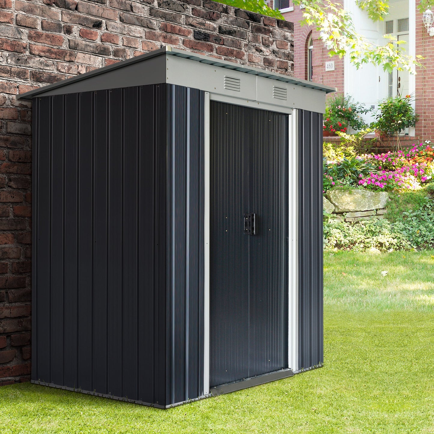 6' x 4' Outdoor Storage Shed, Metal Garden Tool Storage House Organizer with Lockable Sliding Doors and Vents for Backyard Patio Lawn, Charcoal Grey Sheds   at Gallery Canada