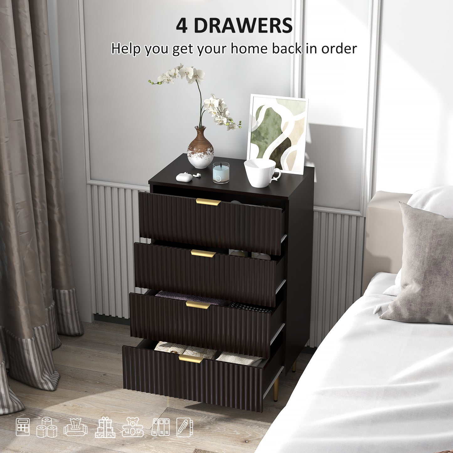 Modern Chest of Drawers 4 Drawer Dresser for Bedroom with Gold Legs and Handles, Black Storage Cabinets at Gallery Canada