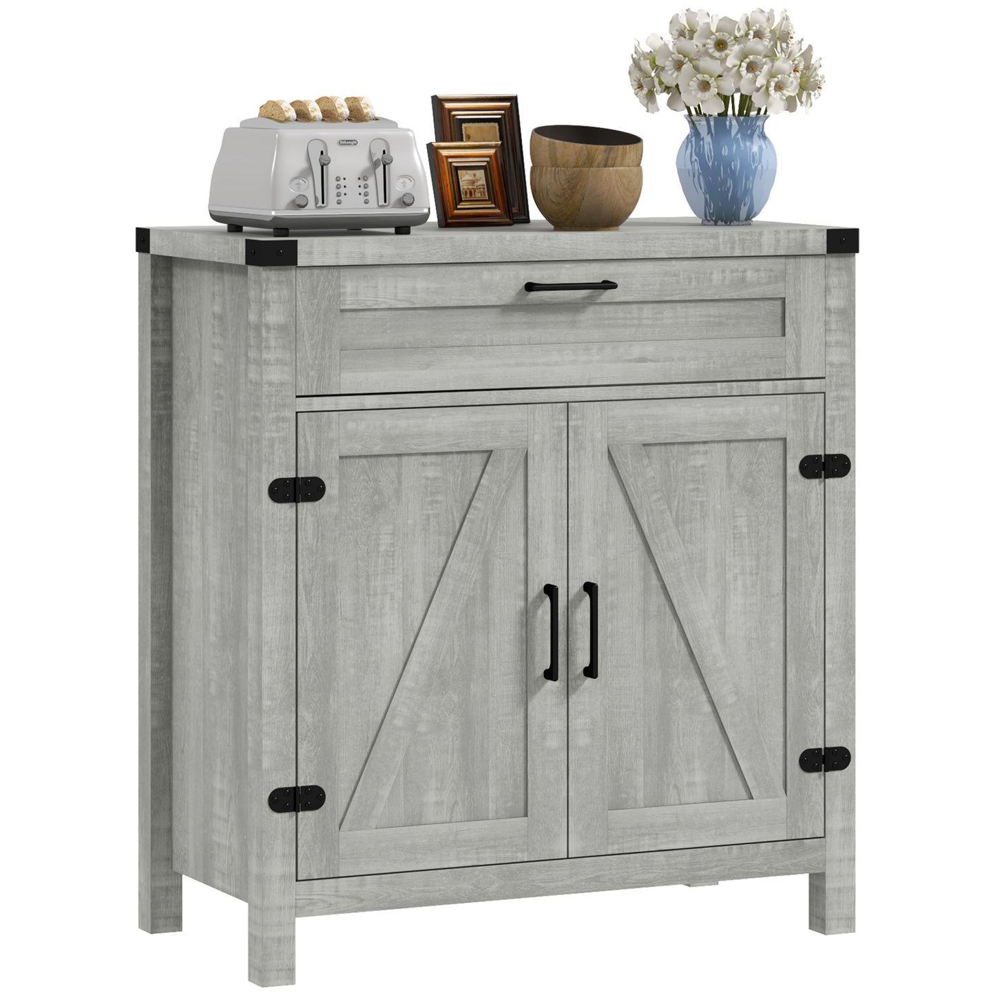 Farmhouse Kitchen Storage Cabinet, Sideboard Buffet Cabinet with 2 Rustic Barn Doors and Drawer, Grey Bar Cabinets   at Gallery Canada