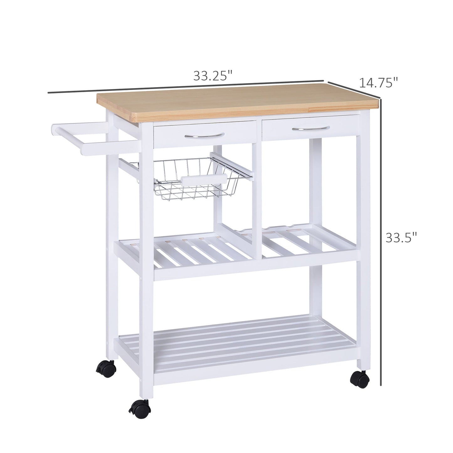 Wooden Rolling Kitchen Trolley Wood Top Island Storage Serving Cart Included Wine Rack with Drawers White Kitchen Islands & Kitchen Carts   at Gallery Canada