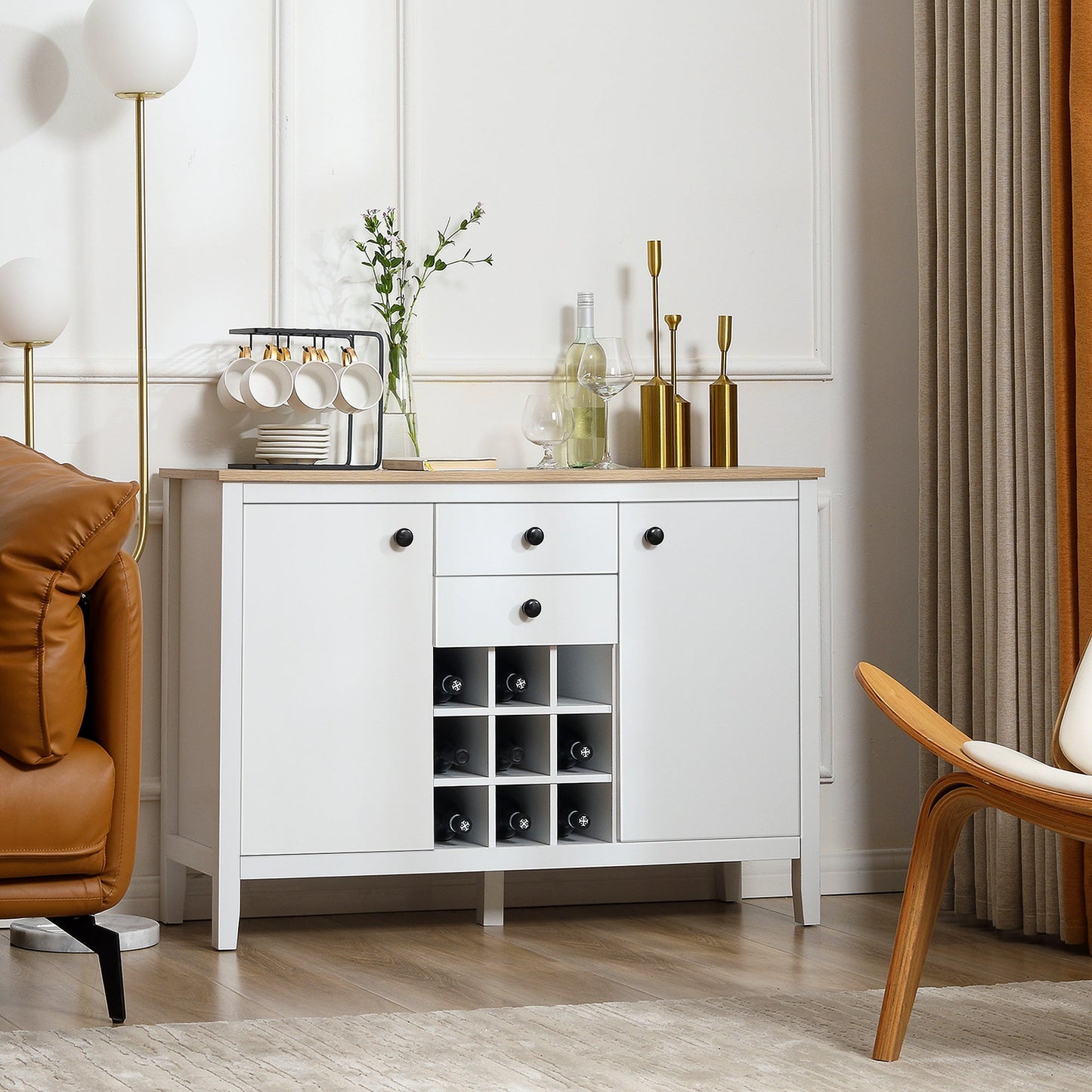 Buffet Cabinet, Rustic Kitchen Sideboard with 9-bottle Wine Rack, Storage Cabinets, Drawers and Adjustable Shelves, Black Handle Bar Cabinets   at Gallery Canada