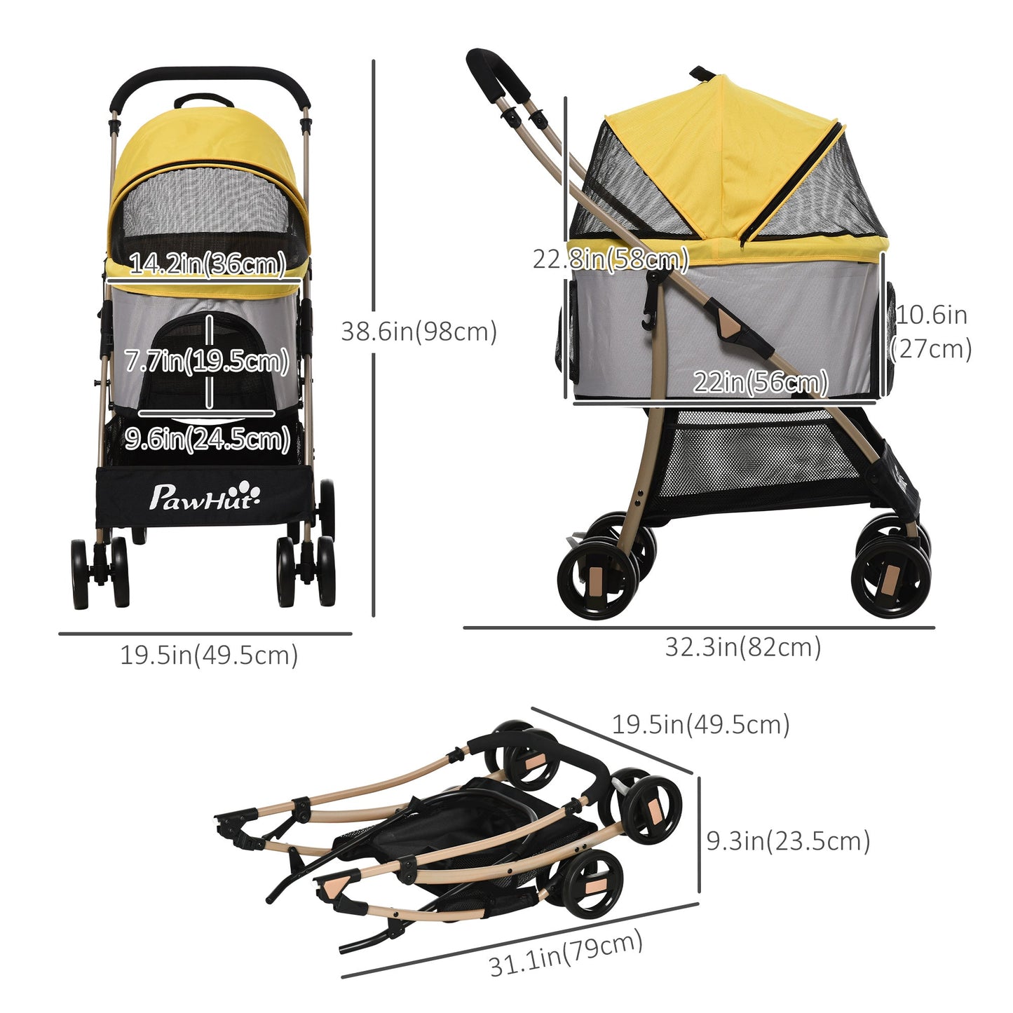 4 Wheels Pet Stroller, 3 in 1 Dog Cat Travel Folding Carrier, for Small Dogs, Detachable, w/ Brake, Canopy, Basket, Storage Bag - Yellow Dog Bike Trailers & Strollers   at Gallery Canada