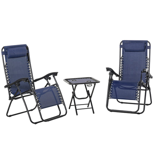 Zero Gravity Lounger Chair Set with Side Table, Patio Chaise Lounge, Cup Holders &; Adjustable Headrest, Blue