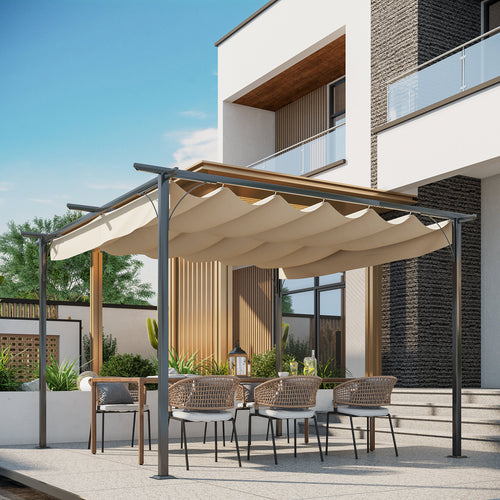 11.5’ Backyard Shelter Retractable Sun Shade Covered Pergola with Steel Frame, Beige