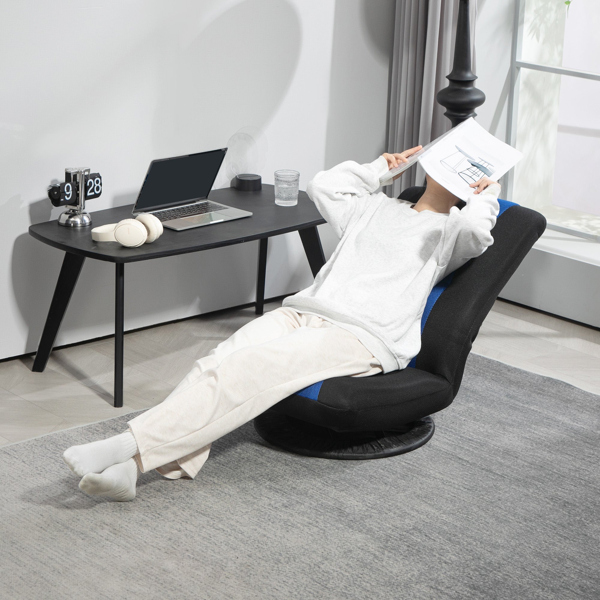 Folding Floor Chair for Adults Teens, 360 Degree Swivel Gaming Chair, 6 Positions Adjustable Lazy Sofa, Blue 2-Seater Sofas at Gallery Canada