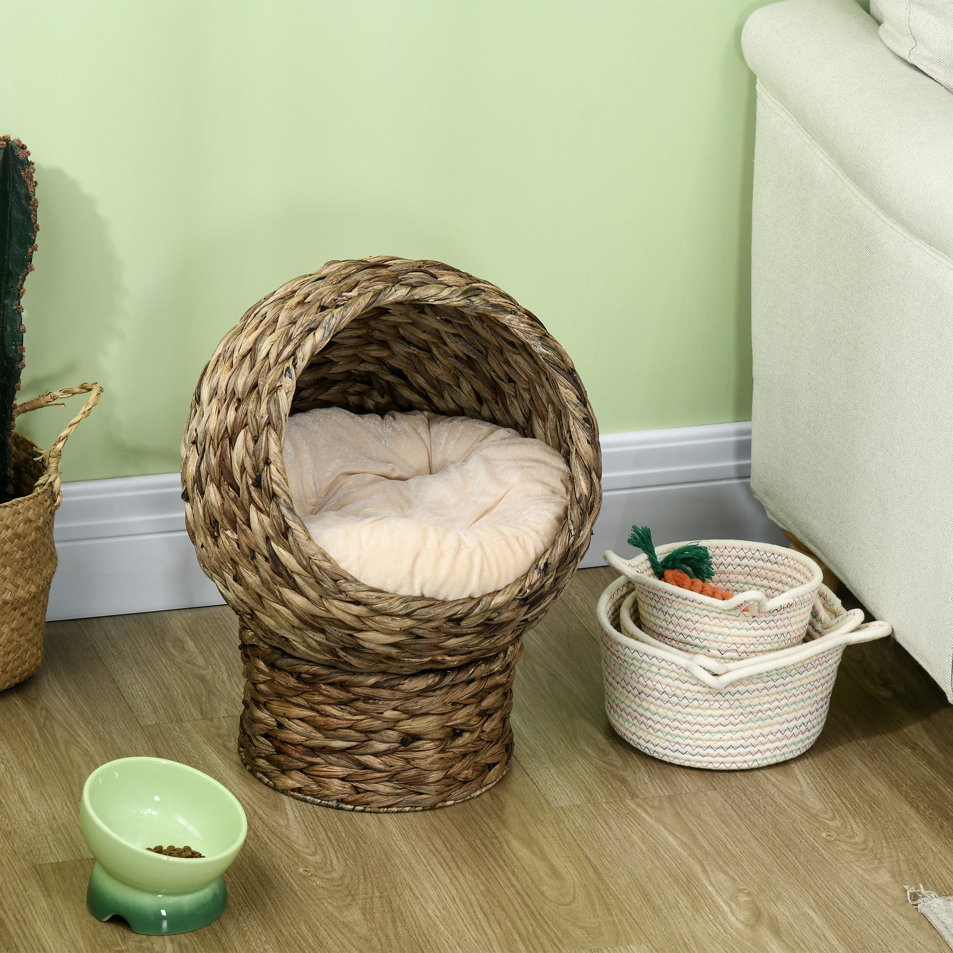 Wicker Cat Bed with Cushion, Stand, for Indoor Cats, Grey Cat Houses   at Gallery Canada