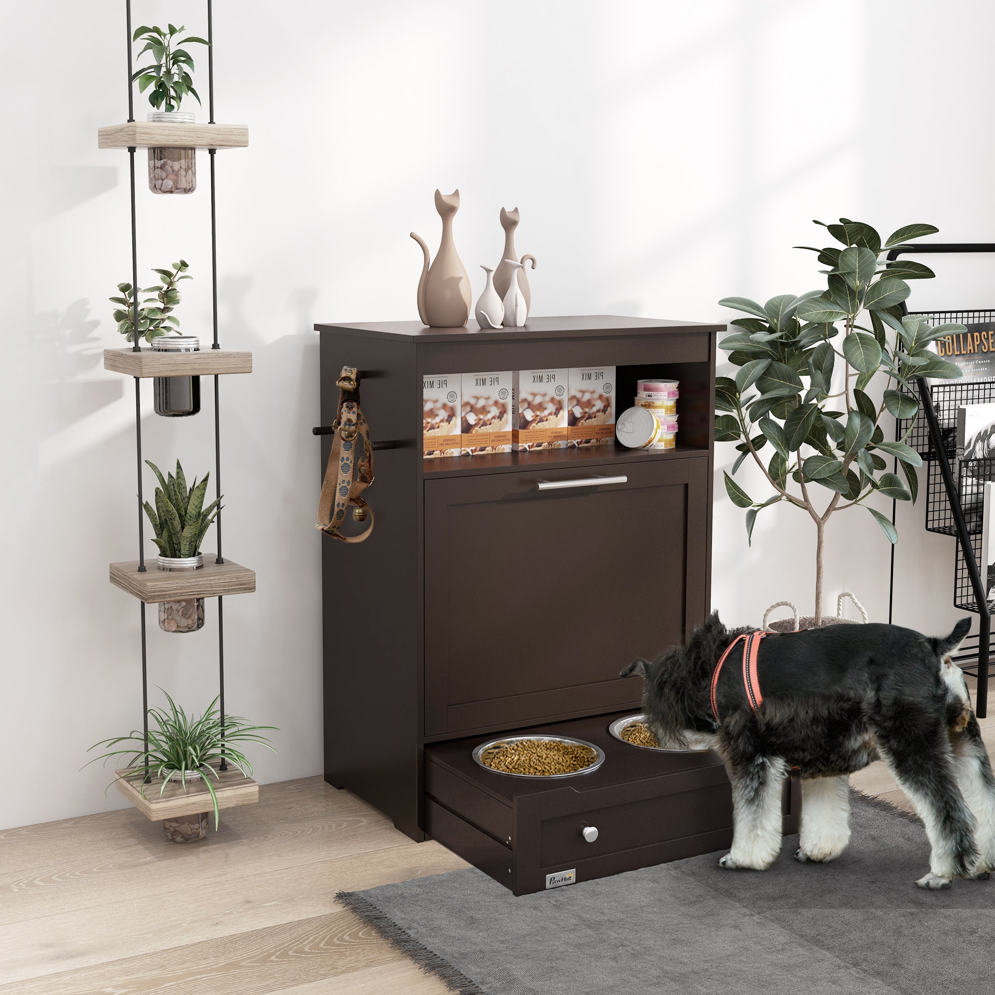 Pet Feeder Station Storage Cabinet, Dog Food Storage Container with Dog Raised Bowls, Watering Supplies, Coffee Dog Bowls   at Gallery Canada