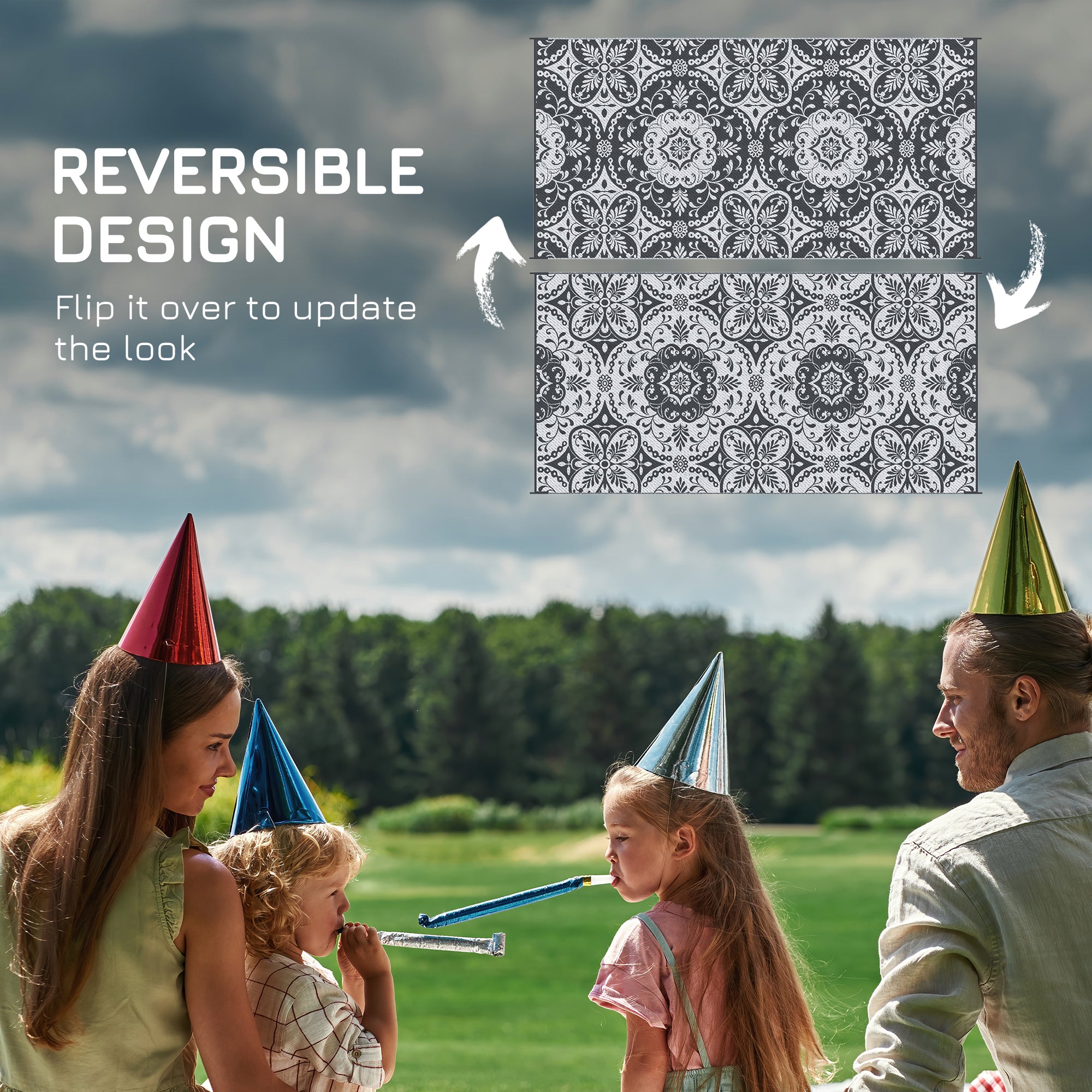 Portable Outdoor Rug with Carry Bag, 9' x 18' Reversible Mat, Waterproof Plastic Straw RV Rug for Backyard, Deck, Picnic, Beach, Camping, Gray &; White Flower Outdoor Reversible Rugs at Gallery Canada