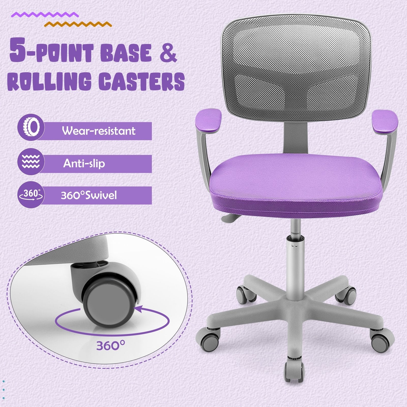 Adjustable Desk Chair with Auto Brake Casters for Kids, Purple Kids Chairs & Seating   at Gallery Canada