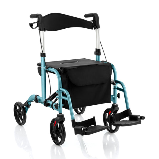 2-in-1 Adjustable Folding Handle Rollator Walker with Storage Space, Blue - Gallery Canada