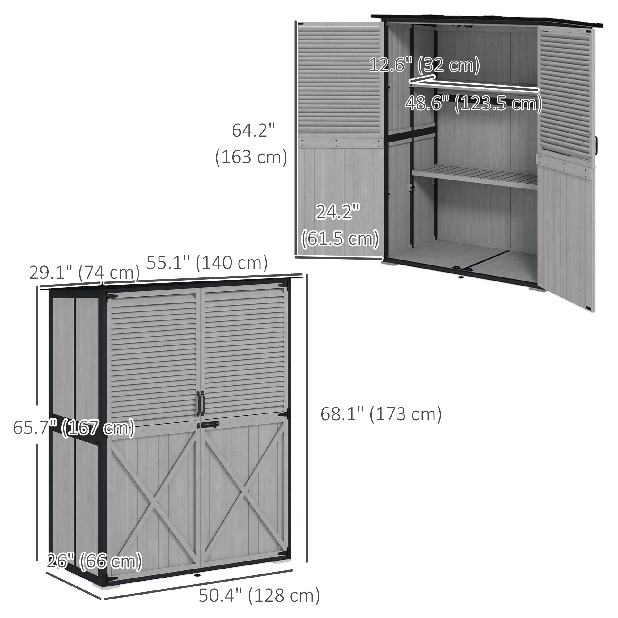 Outdoor Storage Cabinet, Wood Garden Shed with Steel Frame, Asphalt Roof, 2 Shelves and Lockable Doors, Grey Sheds at Gallery Canada