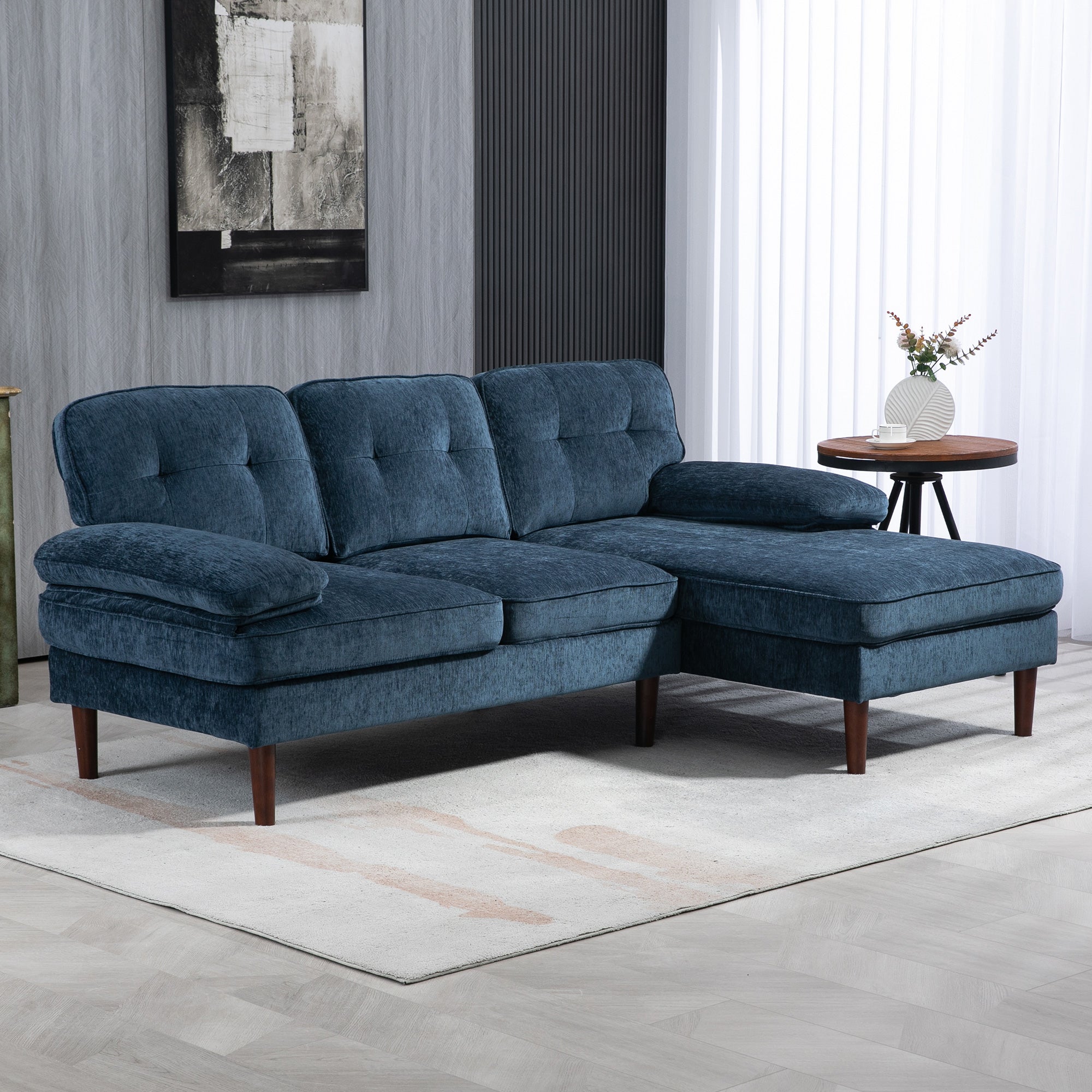 Modern Corner Couch with Right Chaise Lounge, Tufted 3-Seater Sofa with Wooden Legs for Living Room, Bedroom, Navy Blue 3-Seater Sofas at Gallery Canada