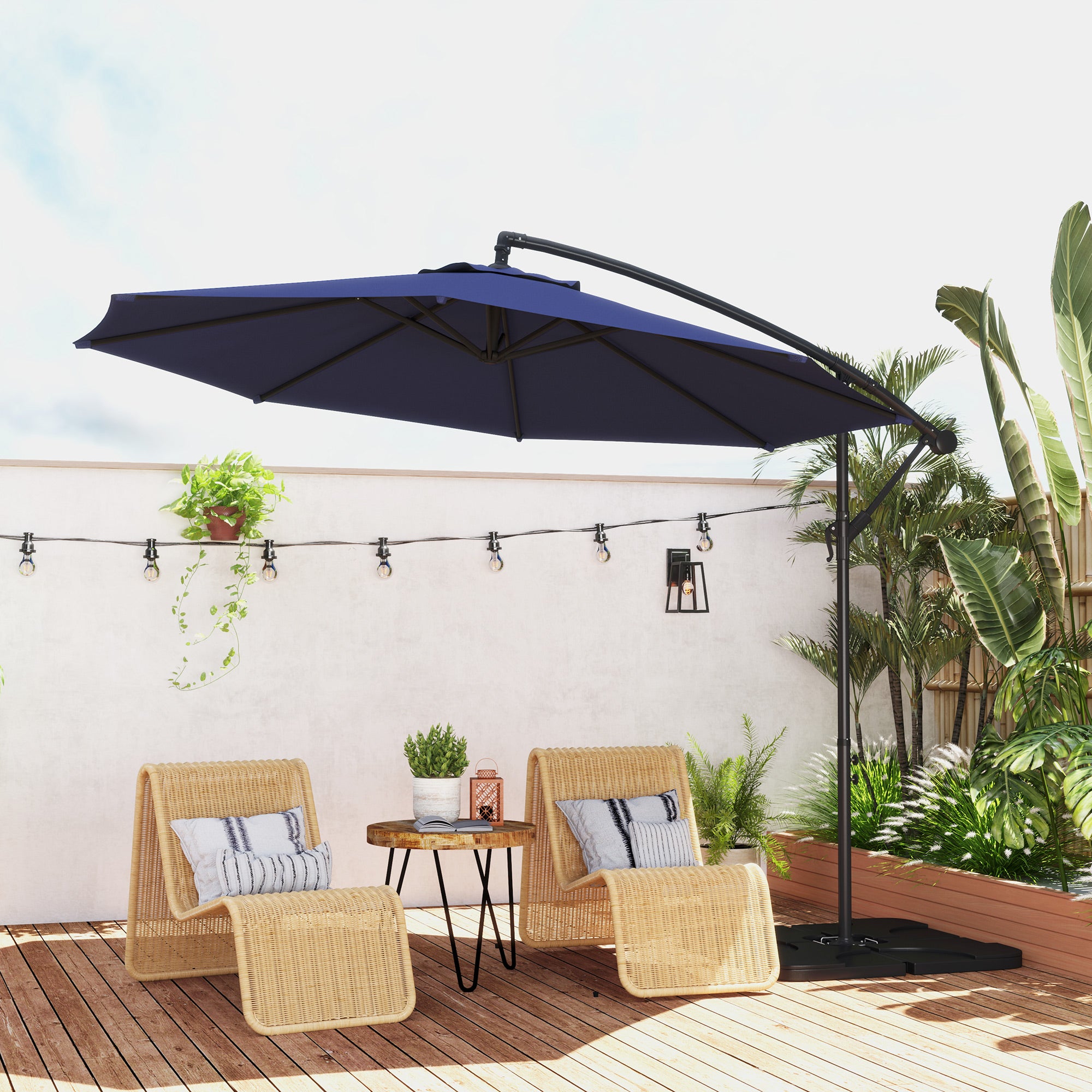 9.6ft Offset Patio Umbrella Garden Hanging Parasol Banana Cantilever Umbrella with Base, Crank, Navy Blue Offset Cantilever Umbrellas at Gallery Canada