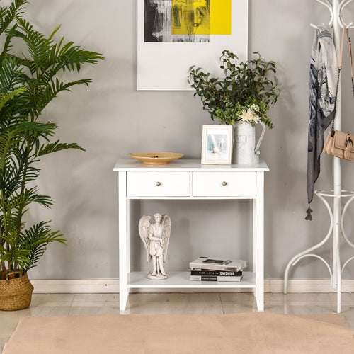 Wooden Console Sofa Table with 2 Drawers and 1 Storage Shelf for Living Room Entryway, White