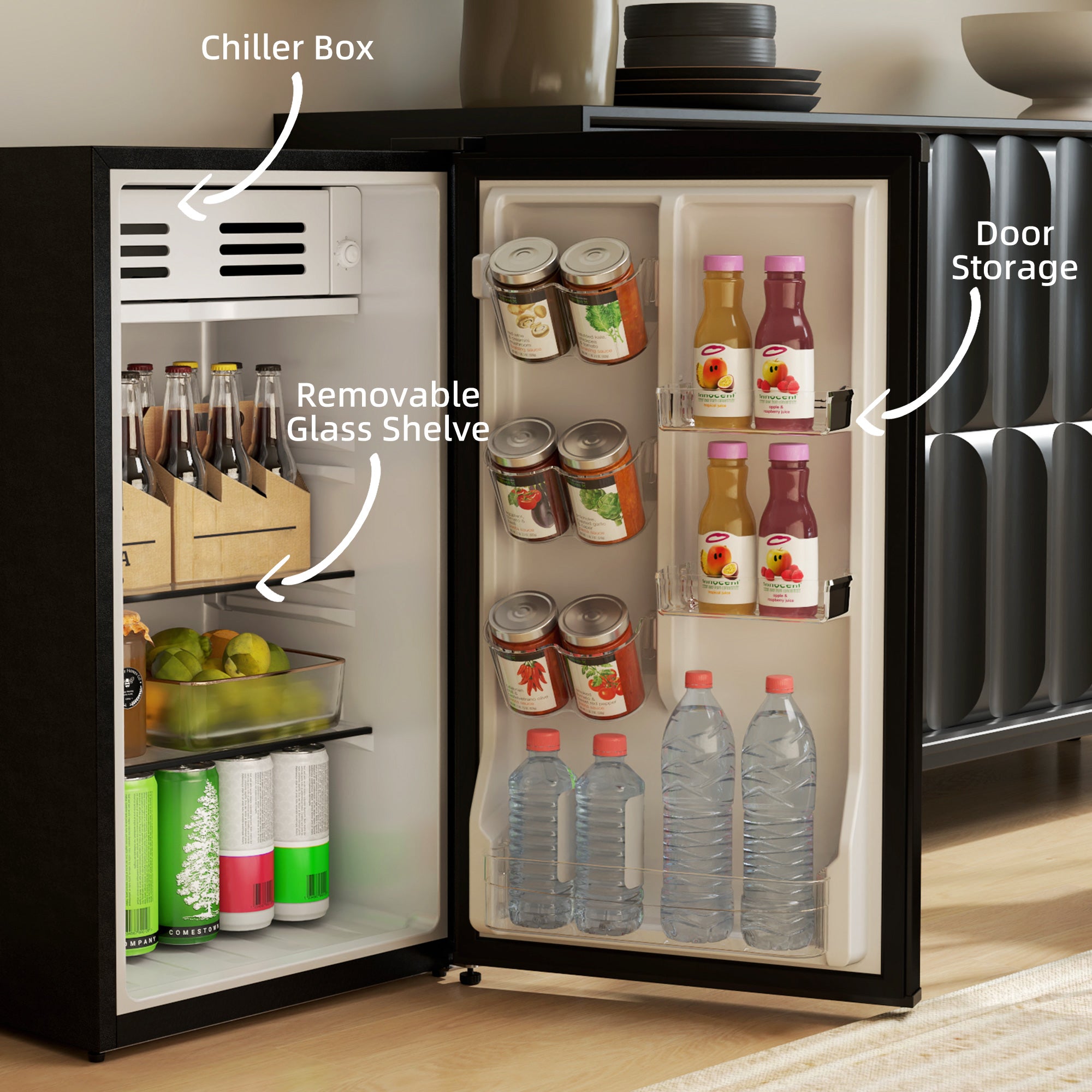Retro Mini Fridge, 3.1 Cu. Ft Single Door Compact Refrigerator with Adjustable Thermostat, 2 Glass Shelves, Black Small Kitchen Appliances at Gallery Canada
