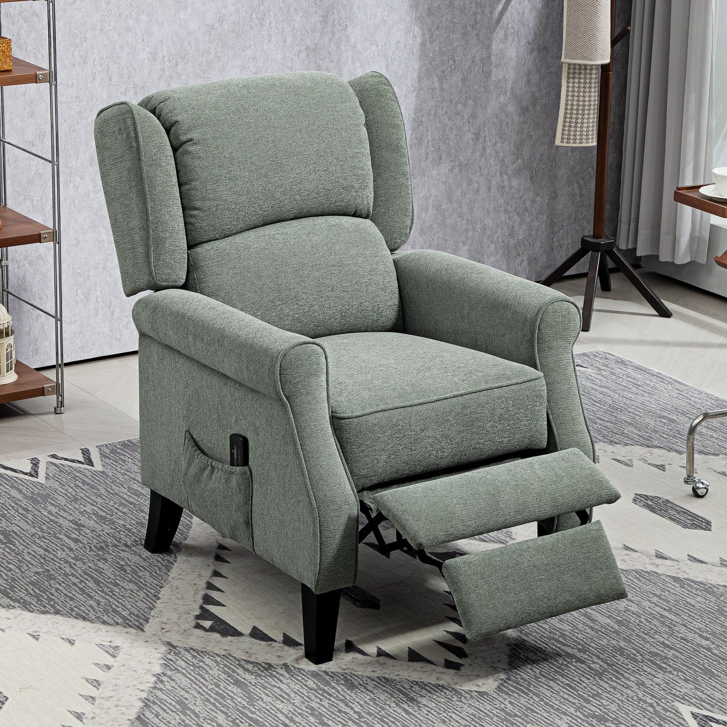 Push Back Recliner Chair, Vibration Massage Recliner for Living Room with Extendable Footrest, Remote, Dark Green Sofas & Reclining Chairs at Gallery Canada