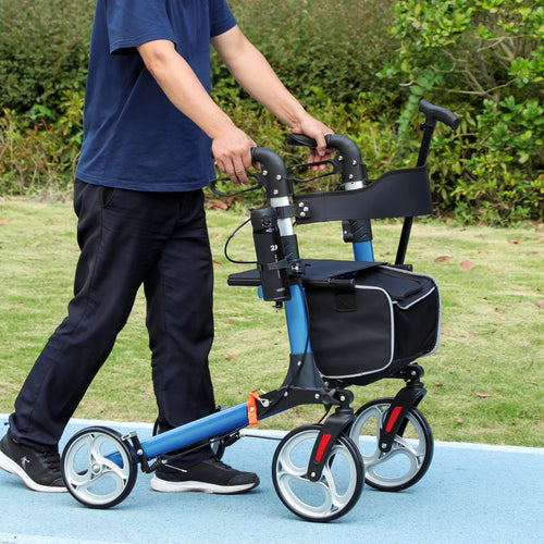 Lightweight Folding Rolling Walker with Large Seat, Back, Adjustable Handle, Bag, Dual Brake, Cane Holder, Blue