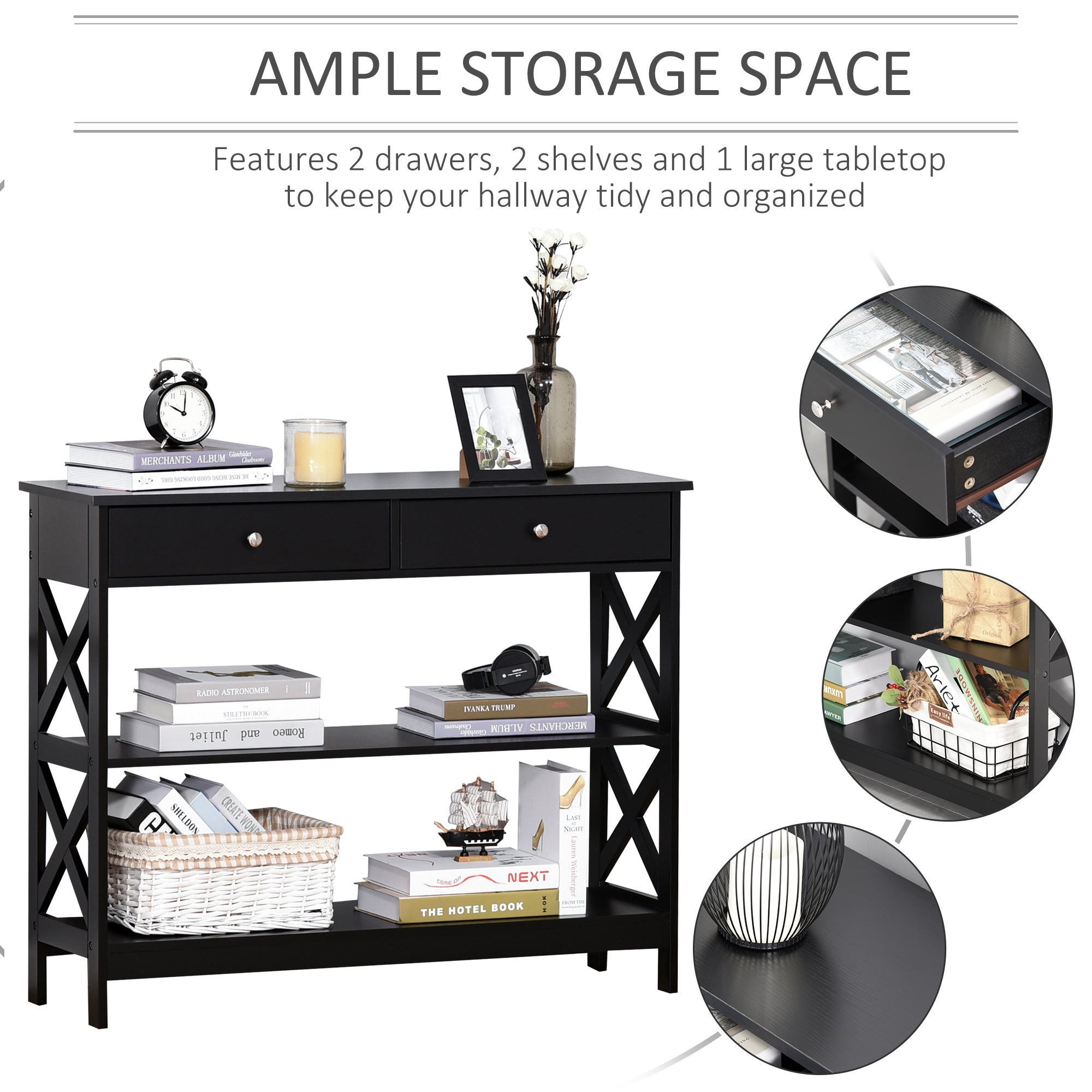 Console Table Sofa Side Desk with Storage Shelves Drawers X Frame for Living Room Entryway Black Console Tables at Gallery Canada