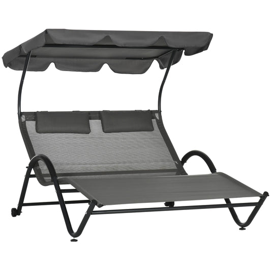 Outdoor Patio Chaise Lounge Chair, Patio Sun Lounger w/ Sunshade Roof, for Two People with Wheels and Breathable Sling Mesh Bed, Pillows, Dark Gray Daybeds   at Gallery Canada