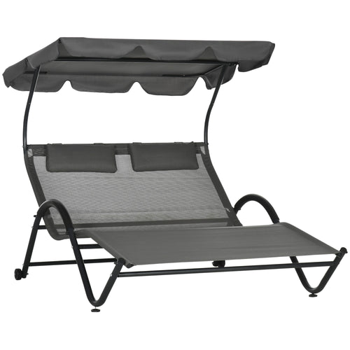 Outdoor Patio Chaise Lounge Chair, Patio Sun Lounger w/ Sunshade Roof, for Two People with Wheels and Breathable Sling Mesh Bed, Pillows, Dark Gray