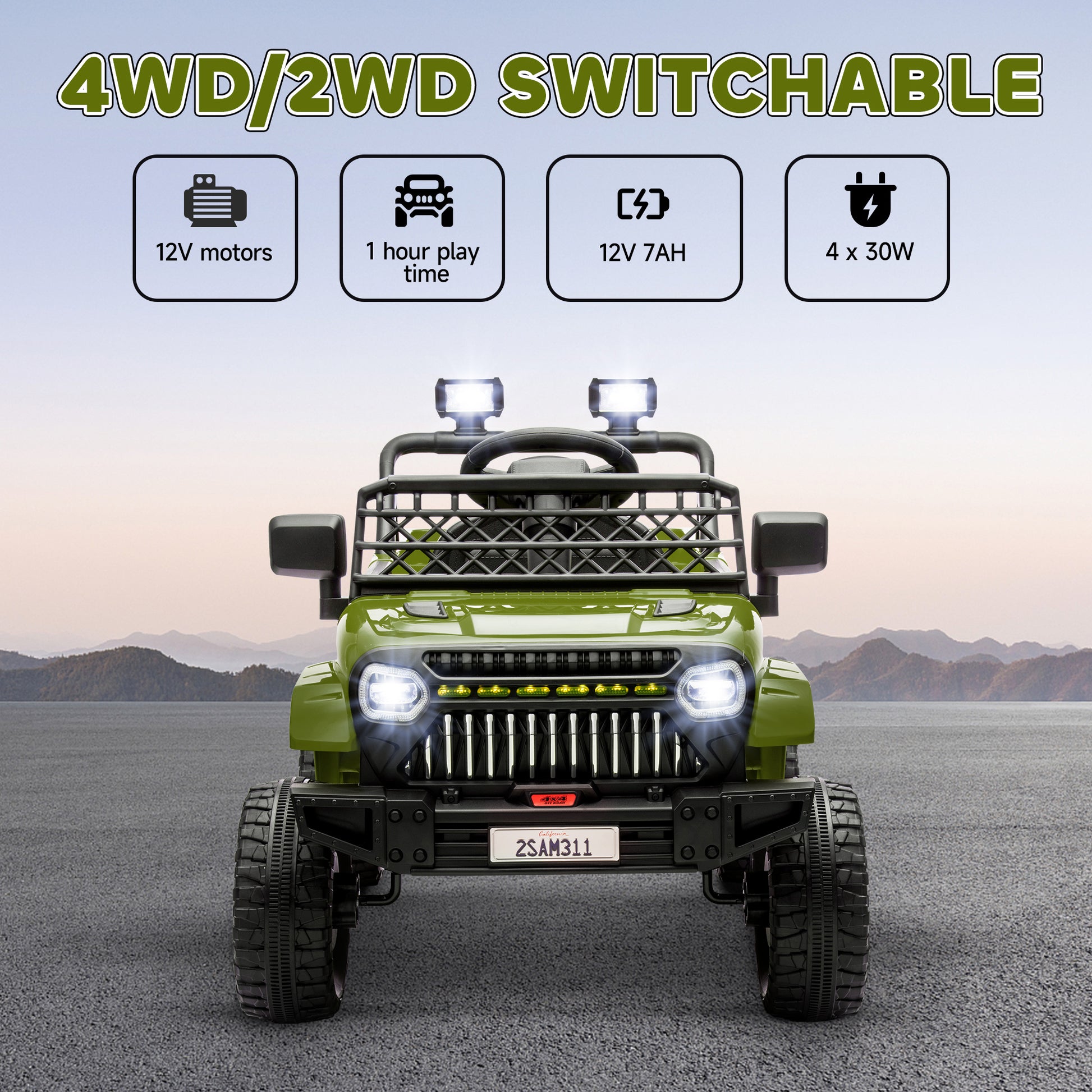 12V 4WD/2WD Kids Electric Car w/ Remote Control, Spring Suspension, Back Trailer, Light, Music, Soft Start, Dark Green Electric Toy Cars   at Gallery Canada