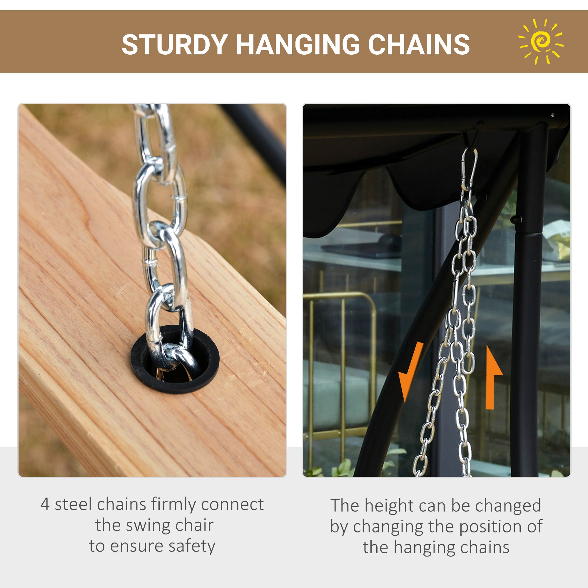 3 Seater Patio Swing Chair Wood Porch Swing with Foldable Table, Cup Holders, Steel Chains for Garden, Yard, Natural Hanging Porch Swings at Gallery Canada