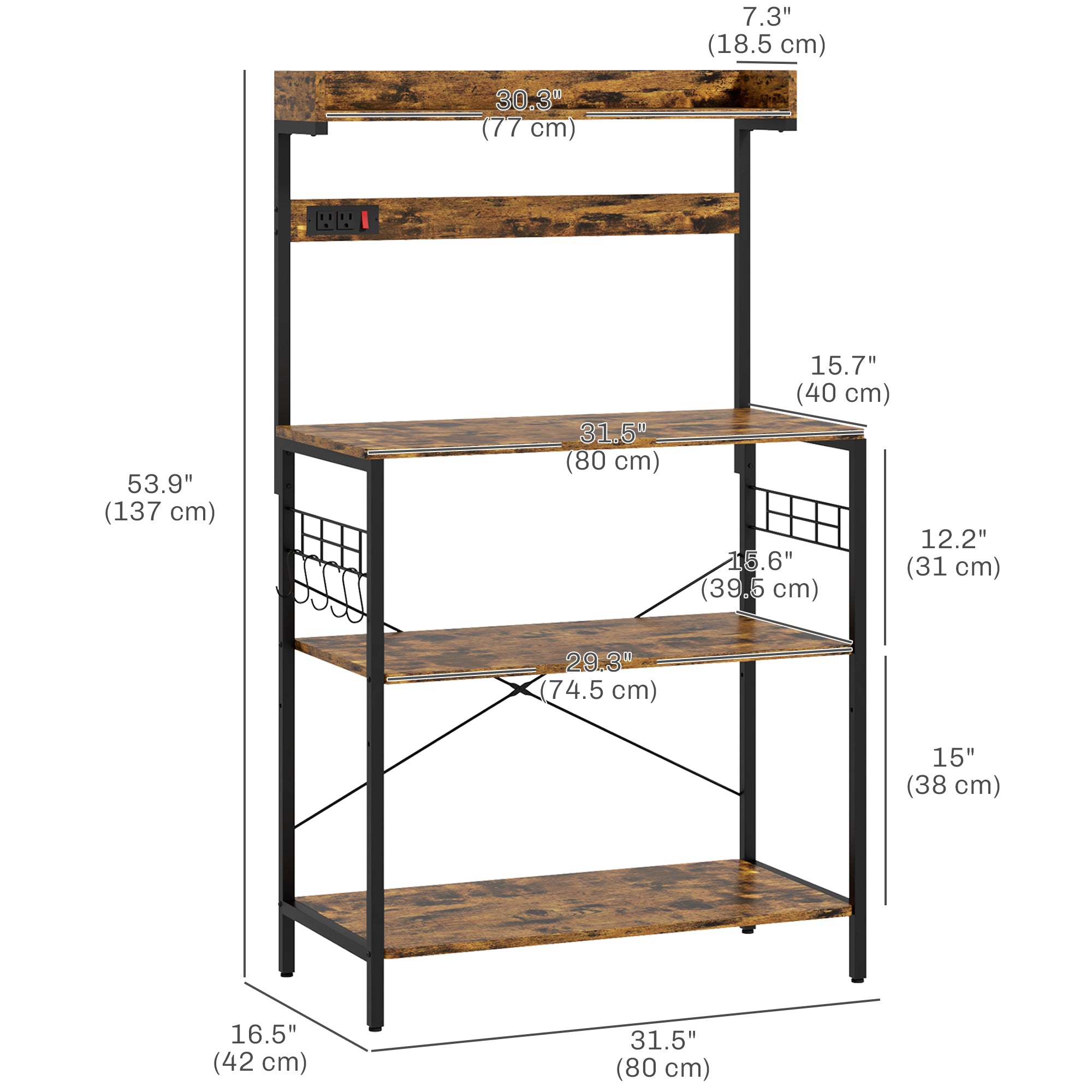 Kitchen Baker's Rack with Power Outlet, Coffee Bar Station with Adjustable Shelves and Hooks, Rustic Brown Bar Cabinets   at Gallery Canada