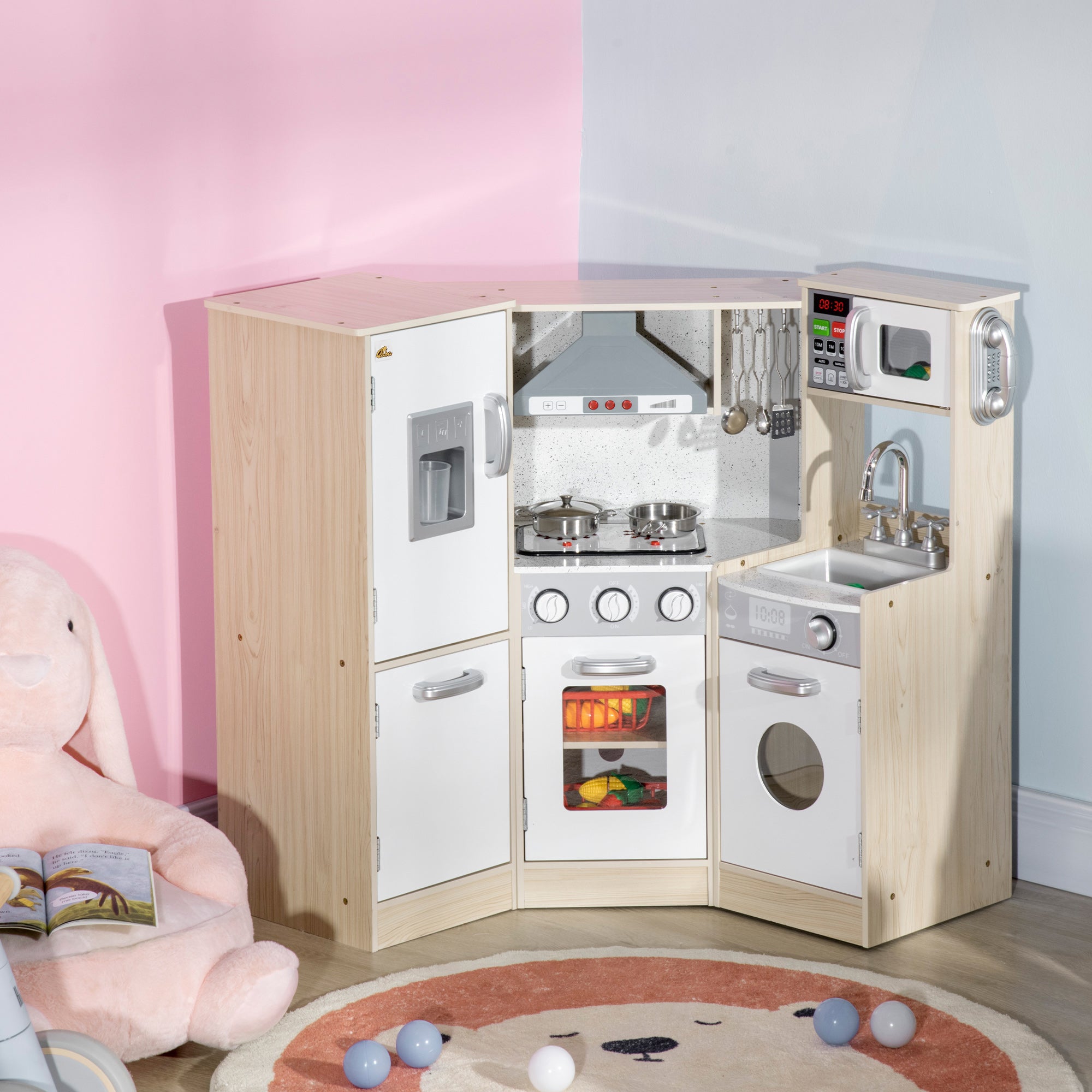 Wooden Play Kitchen with Lights Sounds, Corner Kids Kitchen Playset with Play Phone, Ice Maker, Microwave, Range Hood, Refrigerator, Utensils, Gift for Ages 3-6 Years Old, White Play Kitchen at Gallery Canada