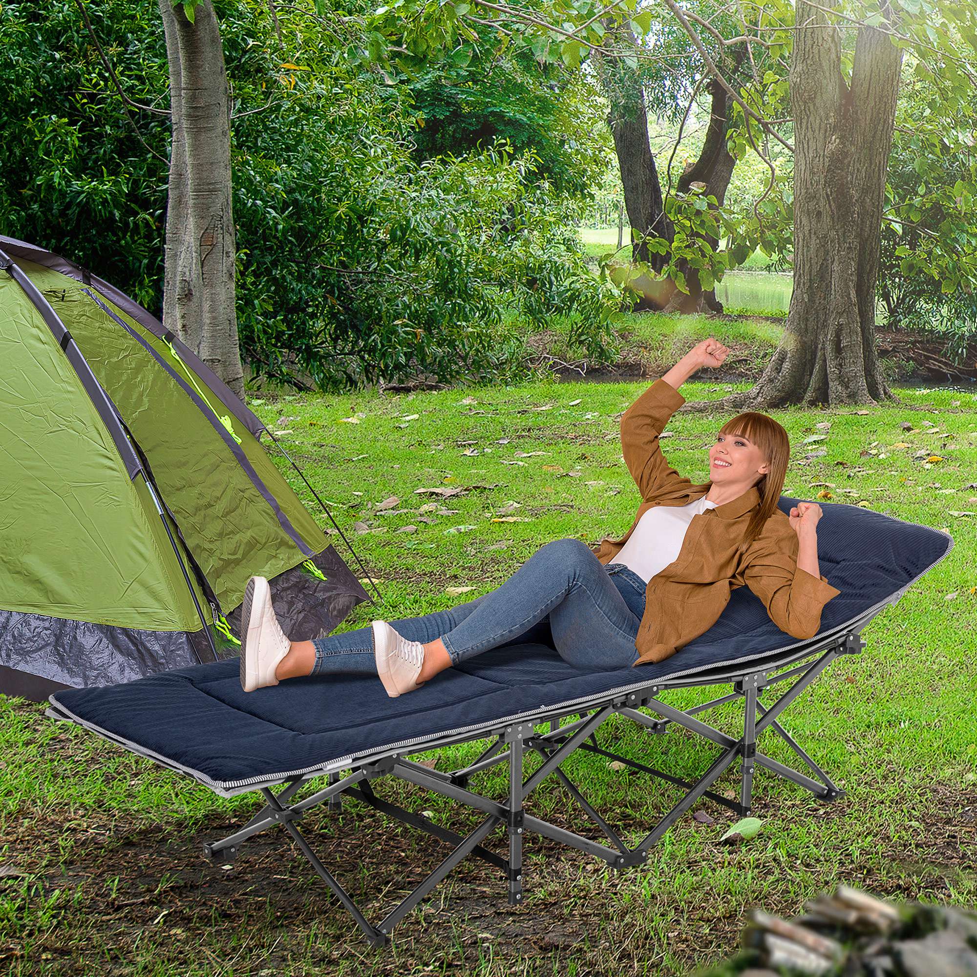Folding Camping Cot with Mattress &; Pillow, Double Layer Oxford Heavy Duty Sleeping Cot with Carry Bag Grey and Blue Camping Cots at Gallery Canada