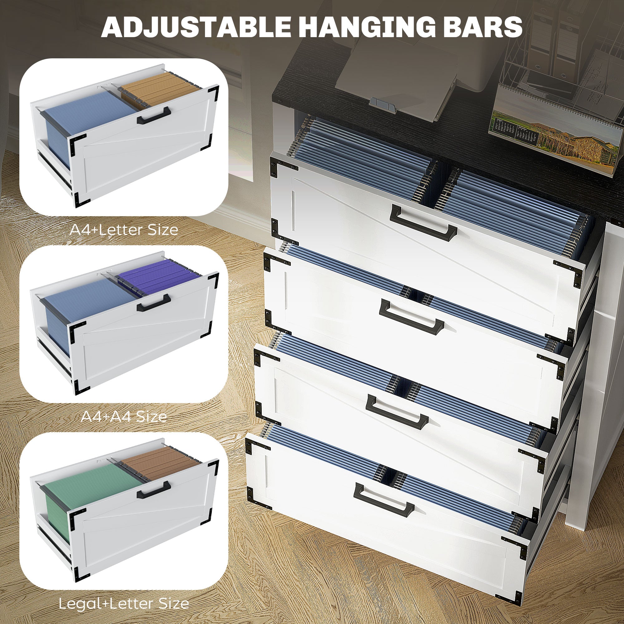 4 Drawer Filing Cabinet, Farmhouse Office Storage Cabinet with Adjustable Hanging Bars for Letter, A4, Legal Size, White Office Cabinets & Cupboards at Gallery Canada