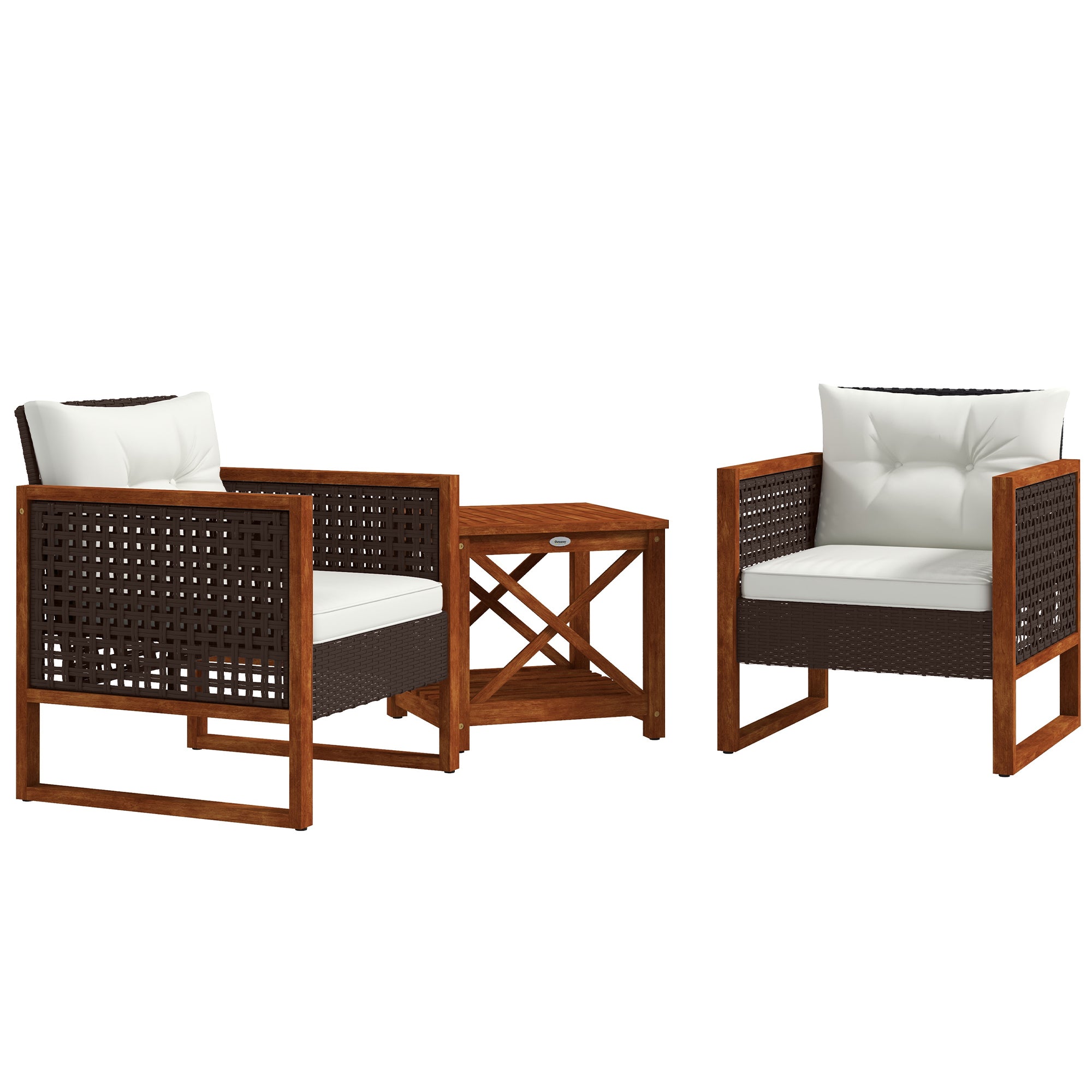 3 Pieces Wicker Patio Set Wooden Conversation Set with 2 Armchairs, Cushions, for Garden, Backyard, Deck, Brown Bistro Sets   at Gallery Canada